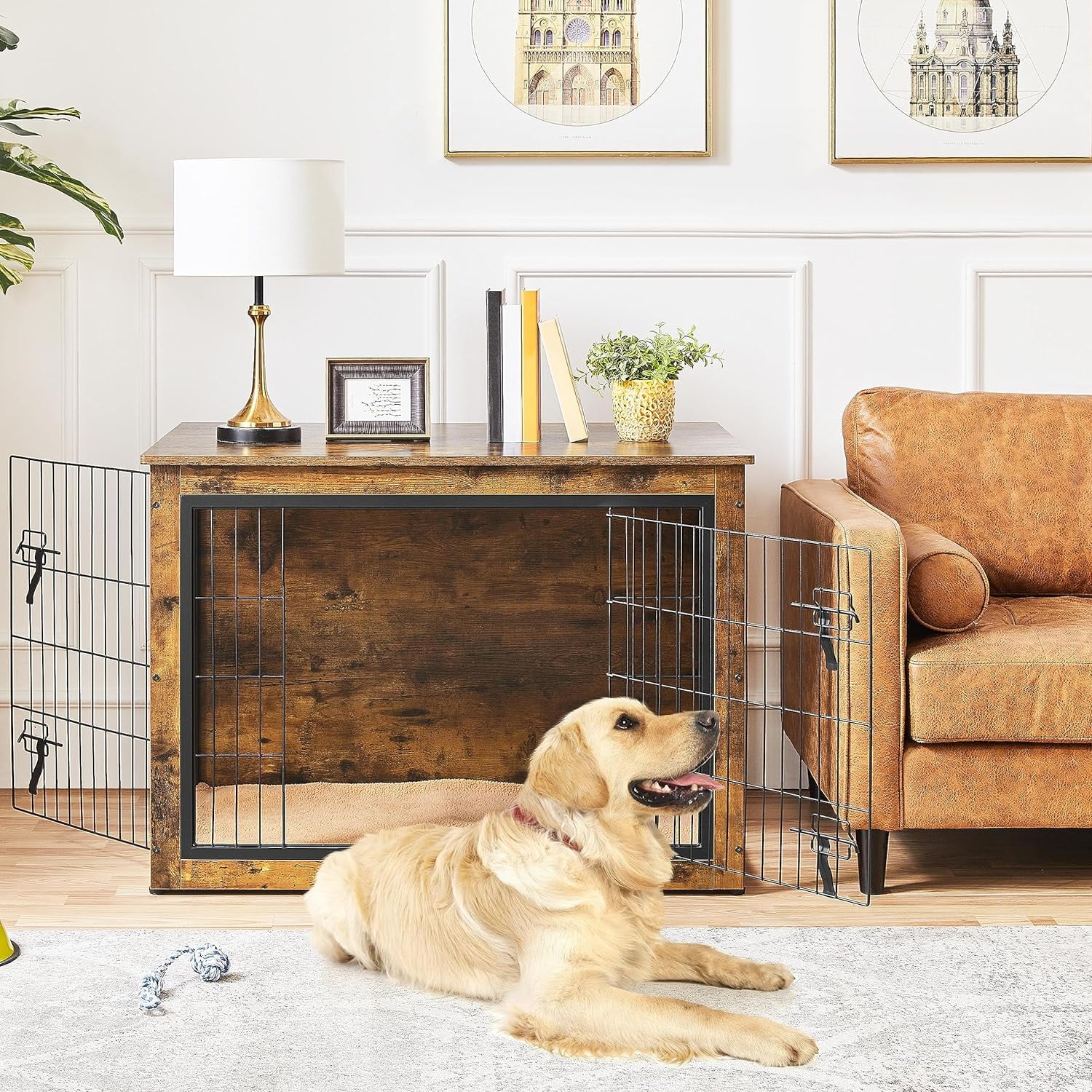 40'' Dog Crate Furniture with Cushion Wooden Dog Crate with Double Doors/Adjustable Feet Side End Table for Small/Medium Dogs, 40