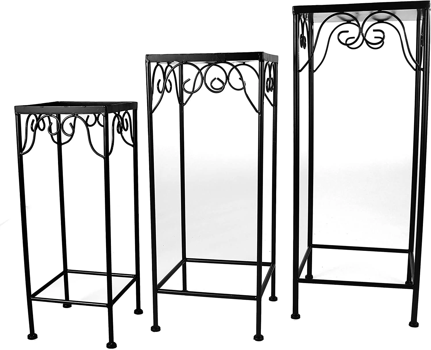Plant Stands - Set of 3 Metal Plant Stands - Indoor/Outdoor Nesting Wrought Iron End Tables - Square Black Flower Stands