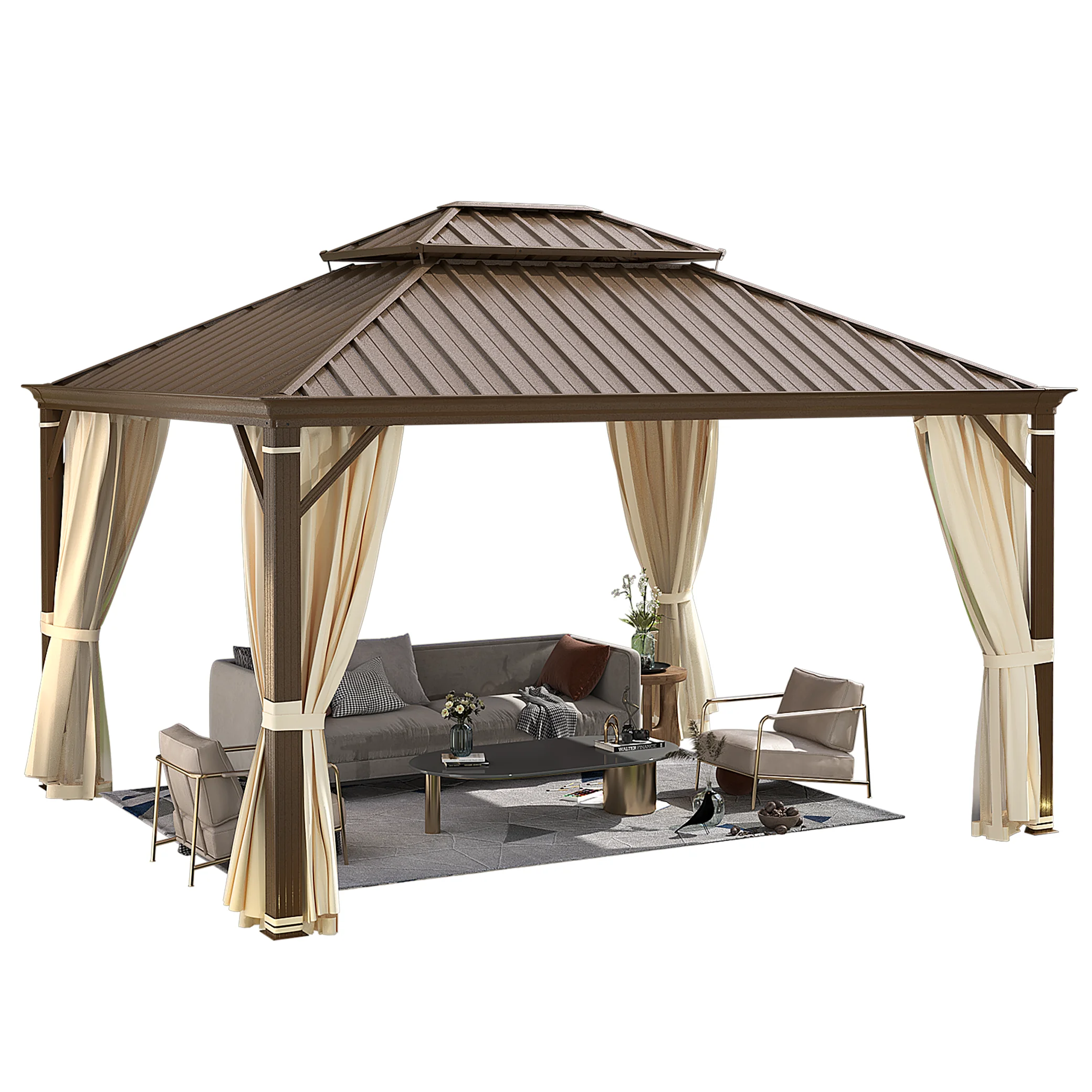 Richryce 12' X 14' Hardtop Gazebo Aluminum Frame Gazebo with Galvanized Steel Double Roof