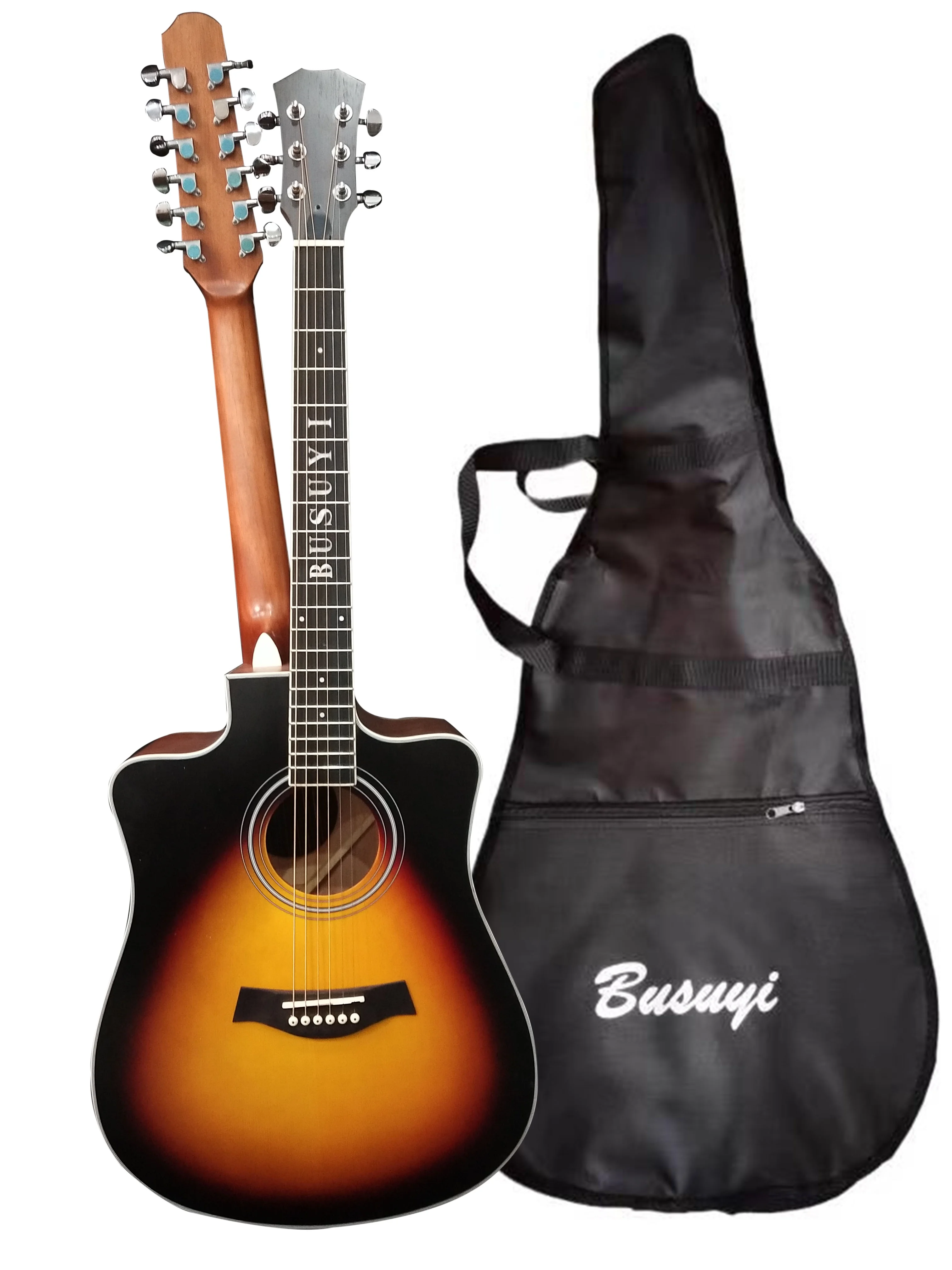 12 String Acoustic / 6 String Acoustic, Double Sided, Dreadnought, Travel, Busuyi Guitar, (Sunset) All Levels