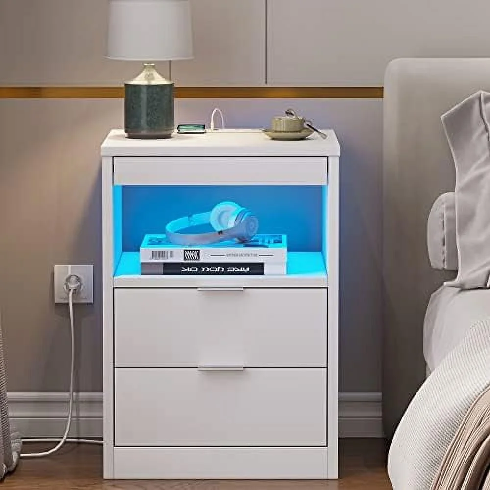 JDZHAPPYLIFE LED Nightstand White Nightstand with Wireless Charging Station 2 Drawers   End  with LED Lights  Wooden Sofa Bedside Table with Pull-Out