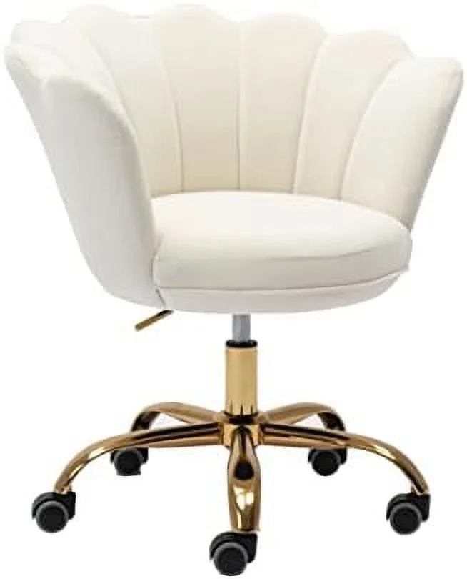 TJCGDTY Comfy Home Office Task Chair with Wheels  Cute Modern Upholstered Velvet Seashell Back Adjustable Swivel Vanity Desk Chair  for Women  for   for Girls  Living Room  Bedroom (White