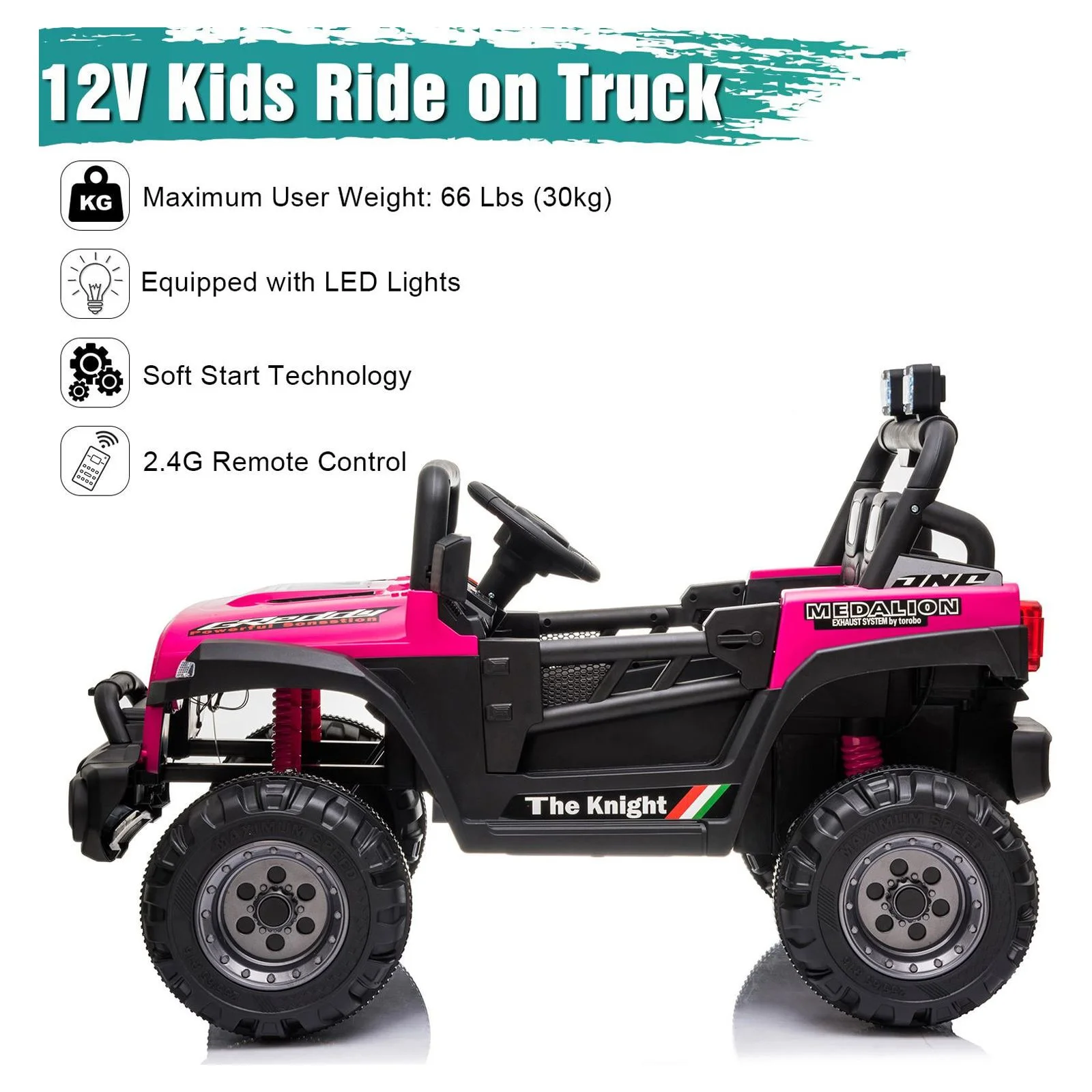 UBesGoo 12V Kids Battery Powered Electric Truck Ride-On Car with RC, Headlights, Music - Rose Red