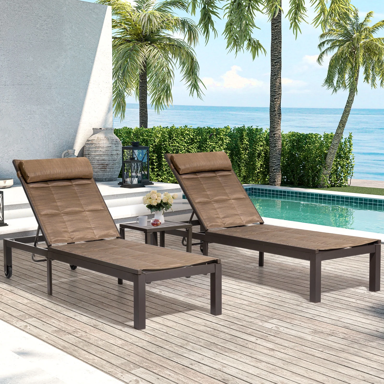Crestlive Products Brown Outdoor Aluminum Adjustable Quilted Chaise Lounge & Table Set