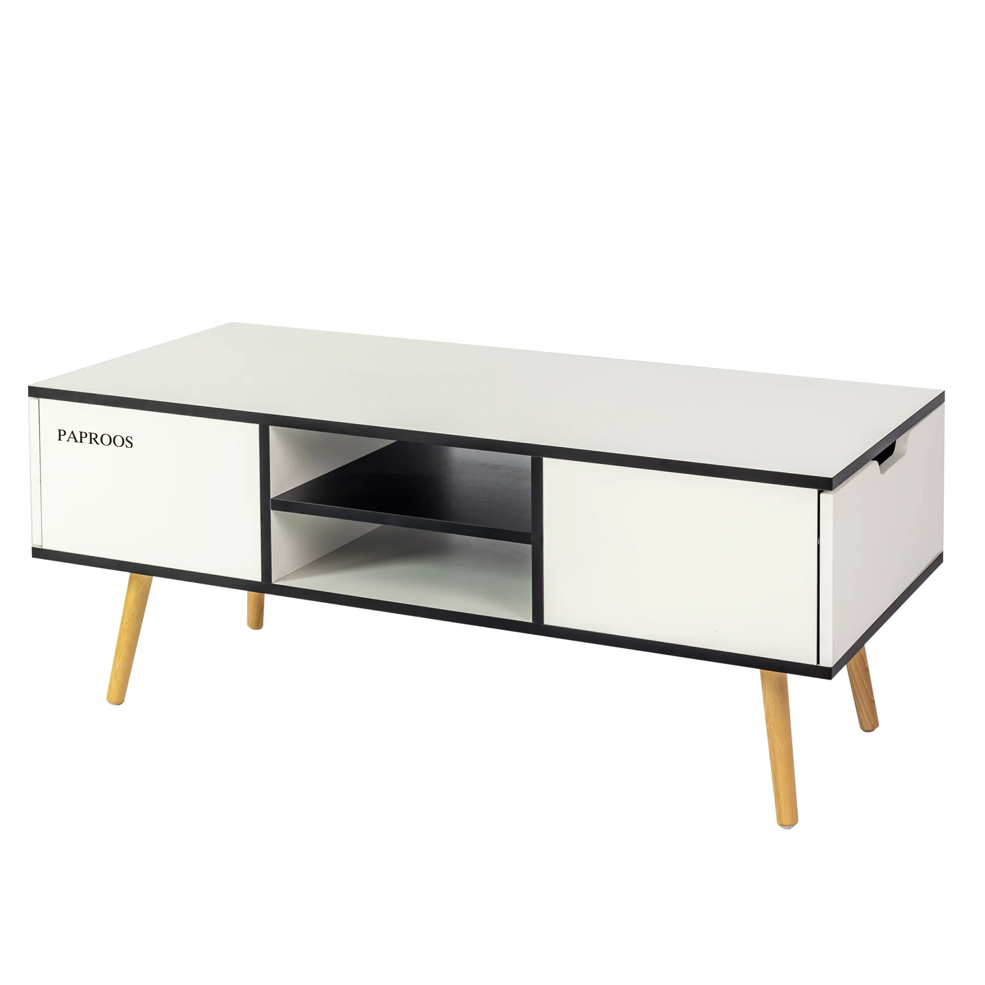 PAPROOS Coffee Table, Solid Wood Coffee Table with Open Storage Shelf and 2 Big Drawers for Living Room, White