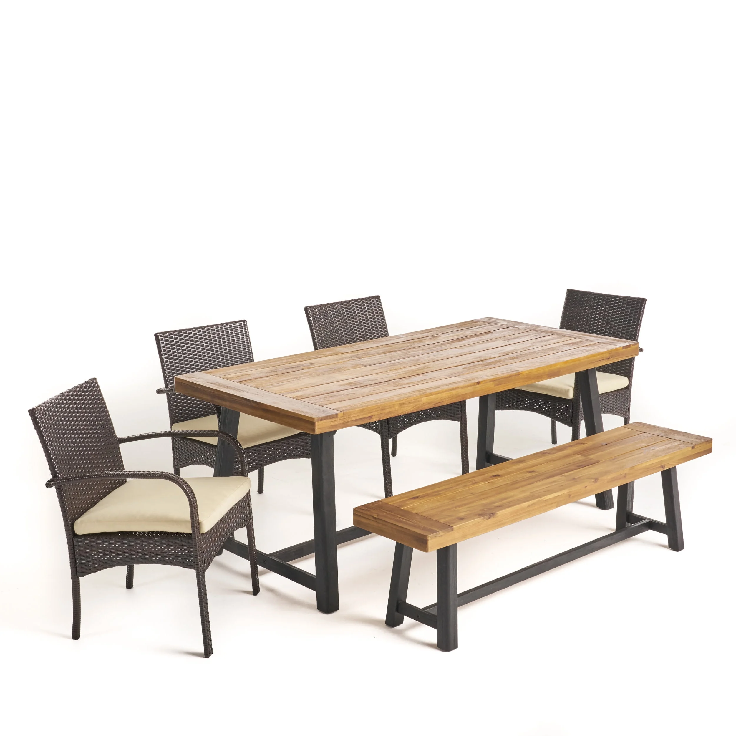 GDF Studio Hammersmith Outdoor Acacia Wood and Wicker 6 Piece Dining Set with Bench, Sandblasted Teak, Black, and Multibrown