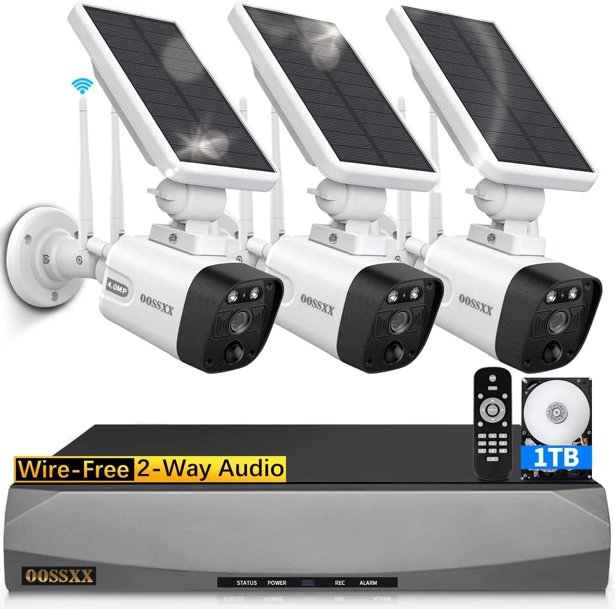 OOSSXX (100% Wire-Free Wireless Solar Cameras) 2-Way Audio, PIR Detection 2-Antennas Enhance Outdoor Wireless Security Camera System WiFi Battery Video Surveillance System