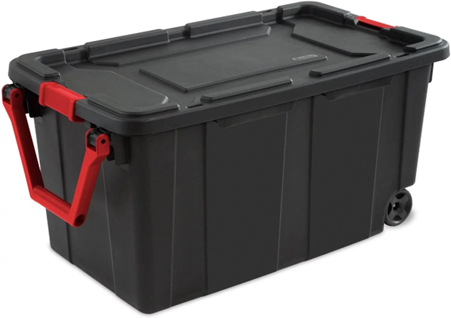 40 Gal Wheeled Industrial Tote, Stackable Storage Bin With Lid, Plastic Container With Heavy Duty es, Black Base And Lid, 4-Pack