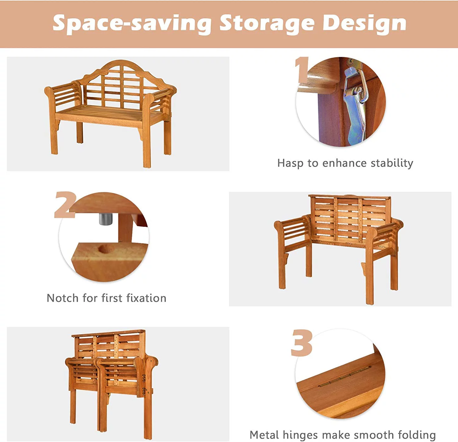 Outdoor Wood Bench, 4 Ft Foldable Eucalyptus Garden Bench, Two Person Loveseat Chair Solid with Curved Backrest and Armrest Ideal for Patio, Porch or Balcony (Teak)