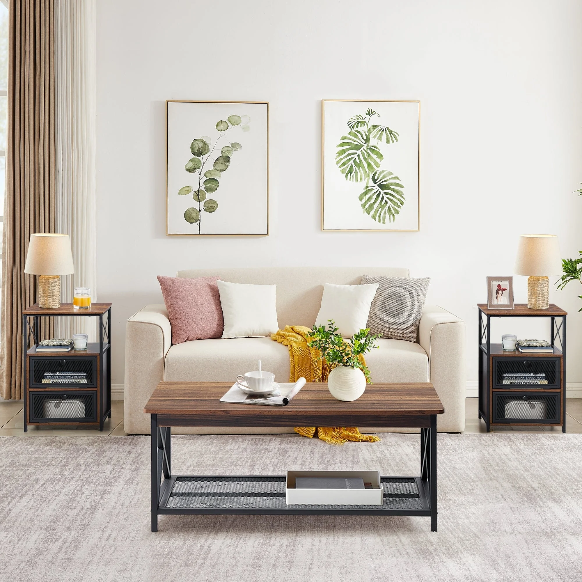 Industrial Coffee Table Set of 3, Rustic Brown Sofa Table and Nightstands Set of 2 Black