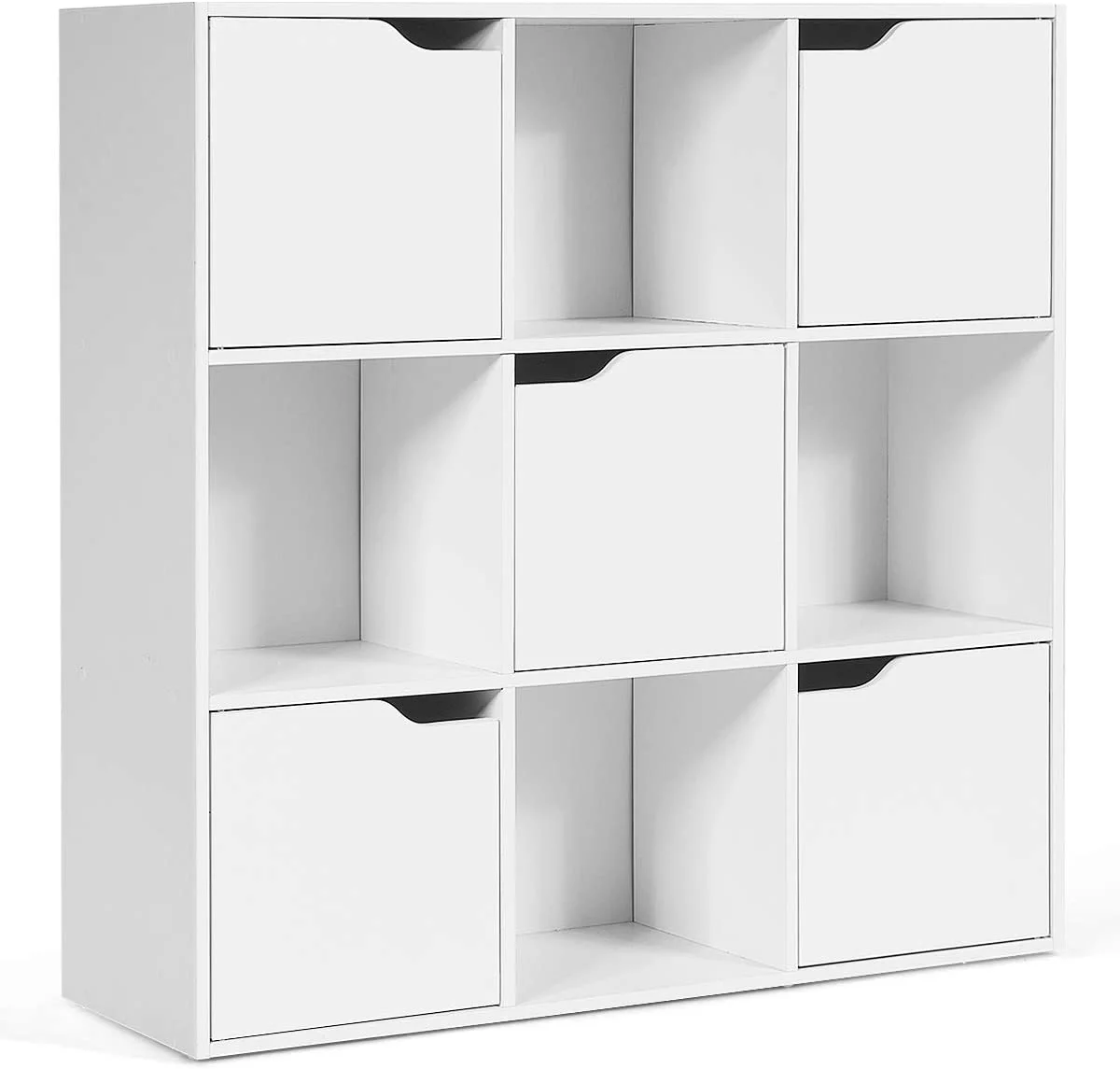 9-Cube Storage Organizer, Storage Cabinet with 4 Open Cubes and 5 Cabinets, Free Standing Wooden Cubby Bookcase, Compartment Units for Home Office, 3-Tier Bookshelf for Books, Toys