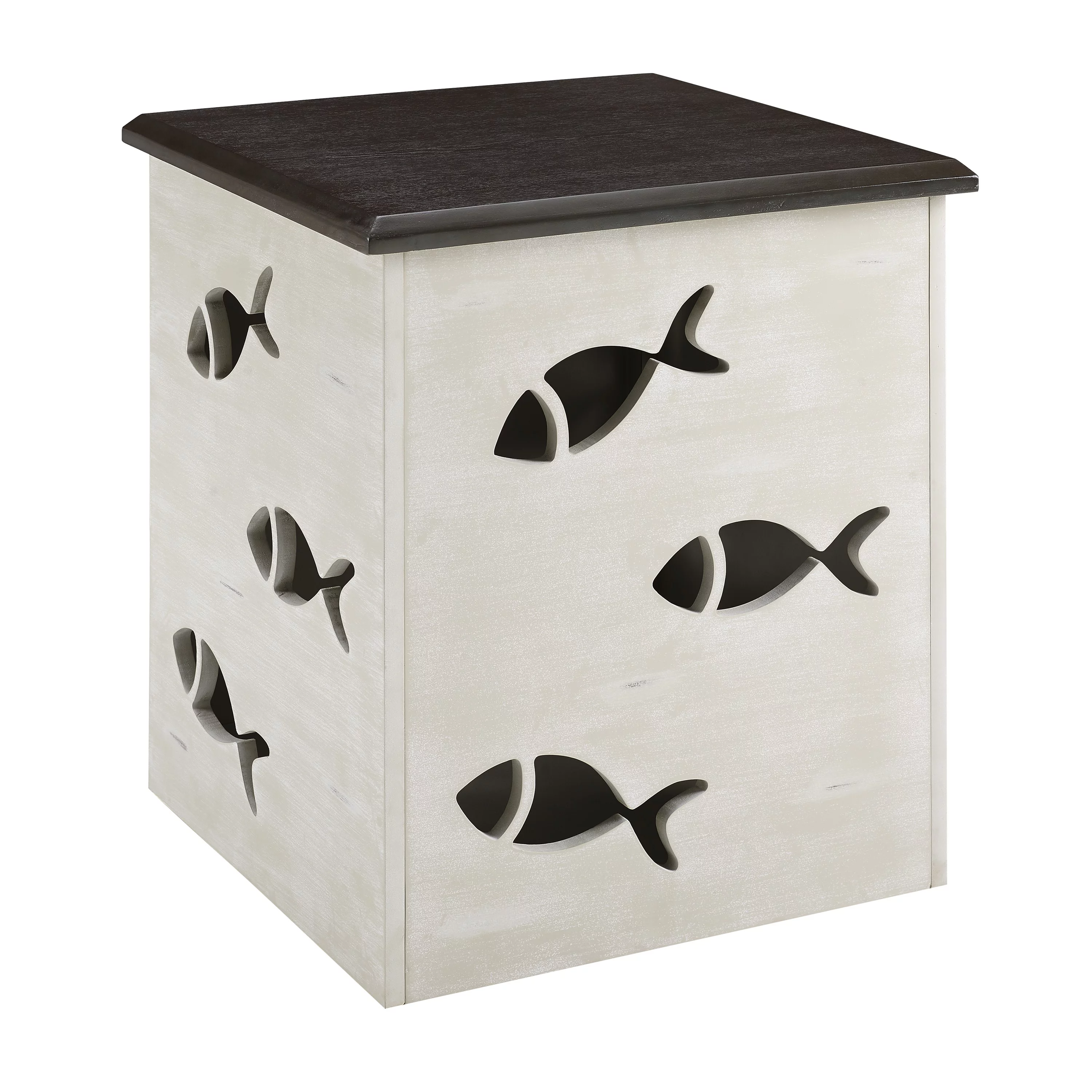 Creekview Coastal Square Metal Accent Side Table with Cutout Fish, Gray Top and Cream Base