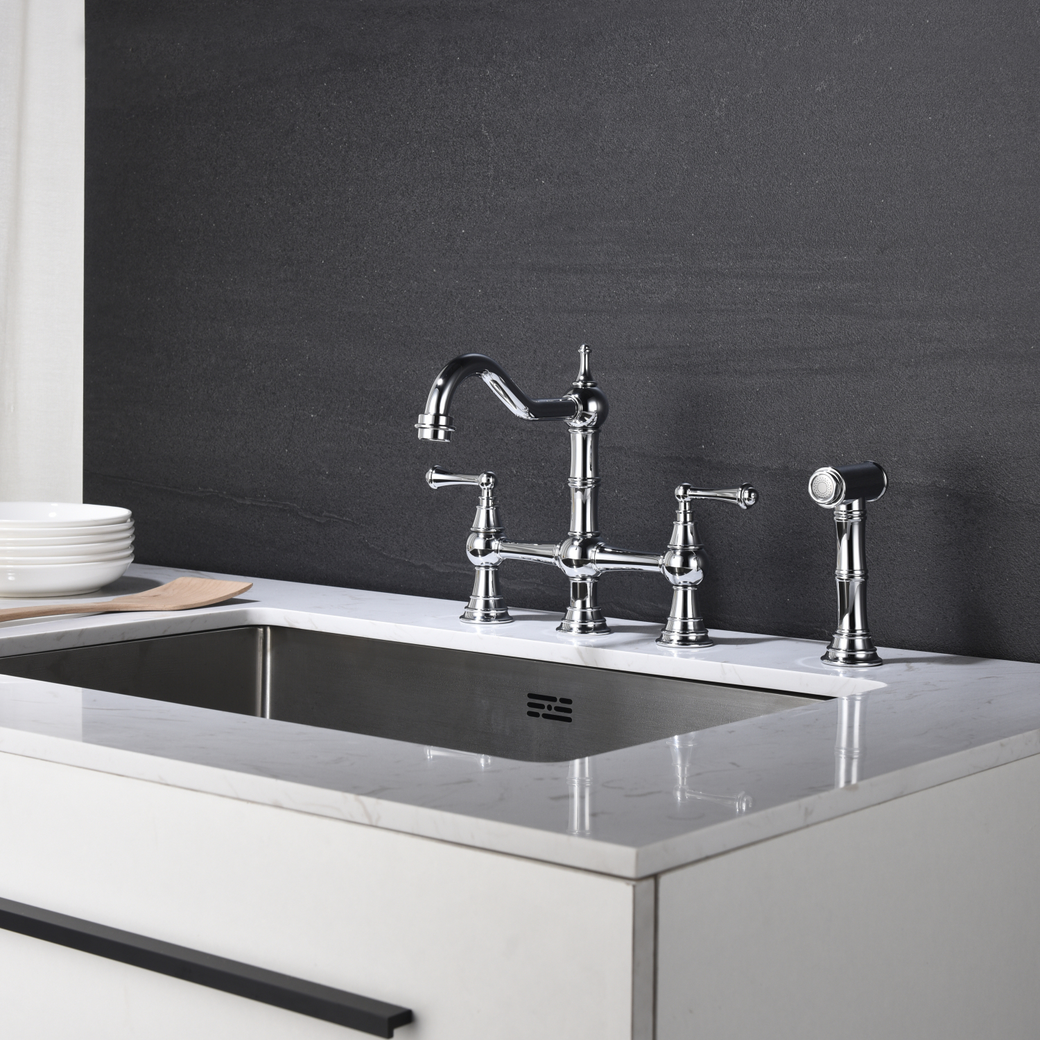 DremFaryoyo Bridge Dual Handles Kitchen Faucet With Pull-Out Side Spray in