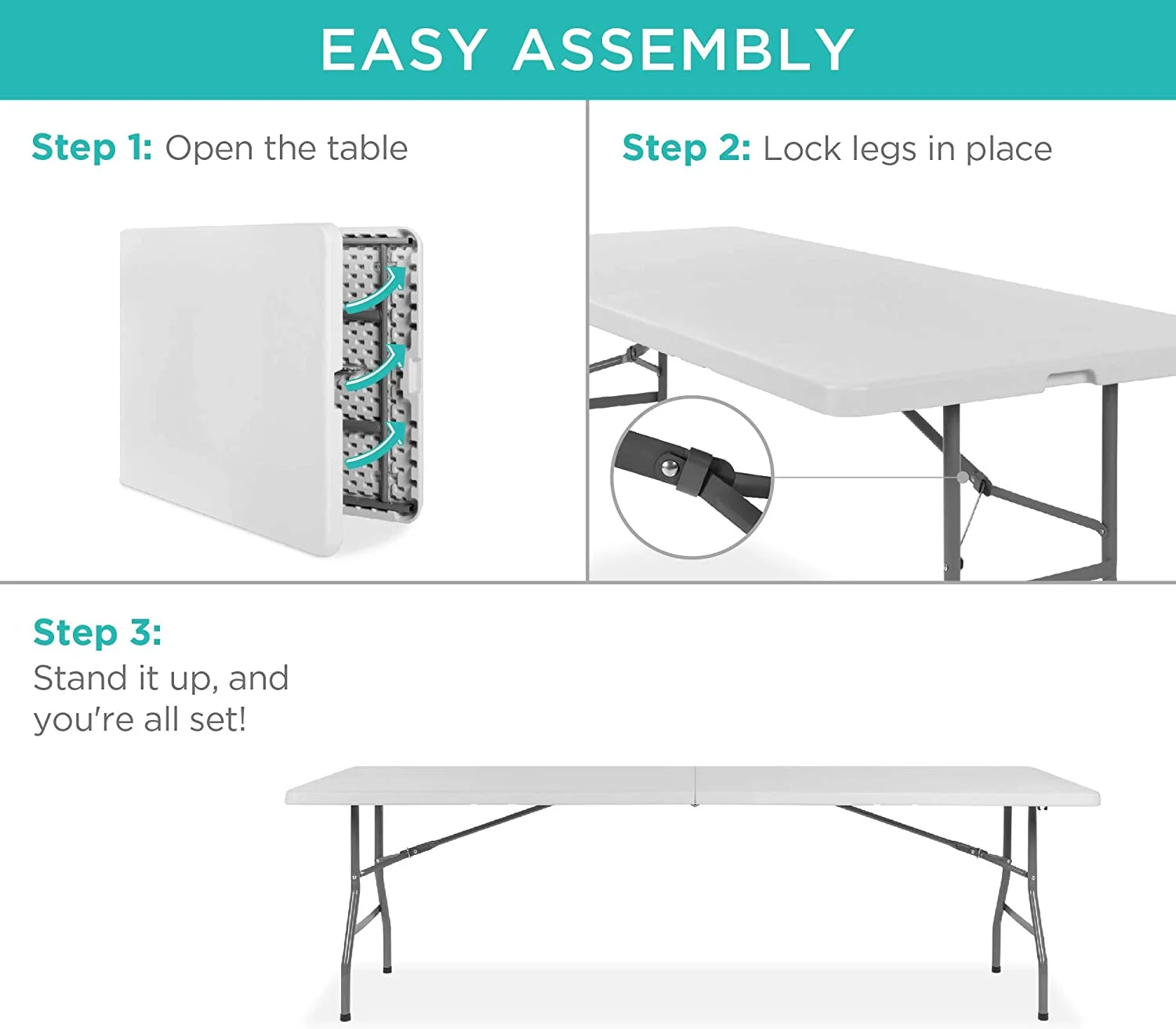 8ft Plastic Folding Table, Indoor Outdoor Heavy Duty Portable w/Handle, Lock for Picnic, Party, Pong, Camping - White