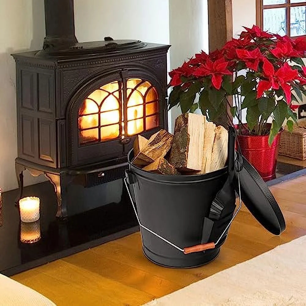 Ash Bucket with Lid and Shovel, 5.15 Gallon Large Galvanized Metal Hot Coal Wood Ash Carrier Pail for Fireplace, Fire Pits, Wood Burning Stoves, Grill, Outdoor Camping, Black