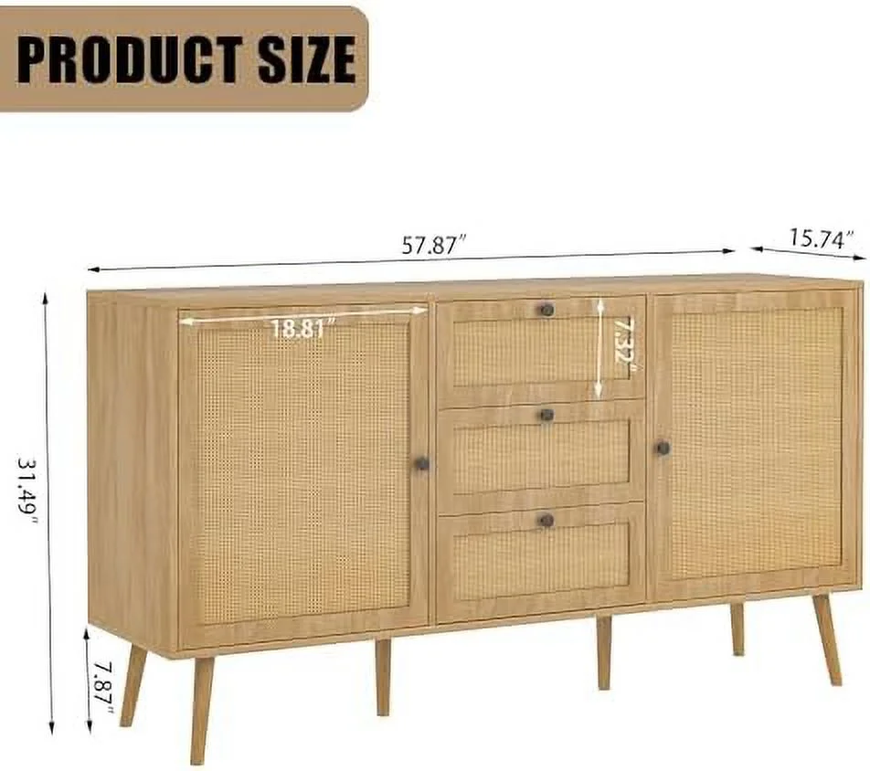 HBROLJF Rattan Sideboard Buffet Cabinet  57.87" Rattan Accent Cabinet  Cabinet Console Table with 3 Drawers & 2 Doors and Adjustable Shelves for Kitchen  Dining Room  Living Room