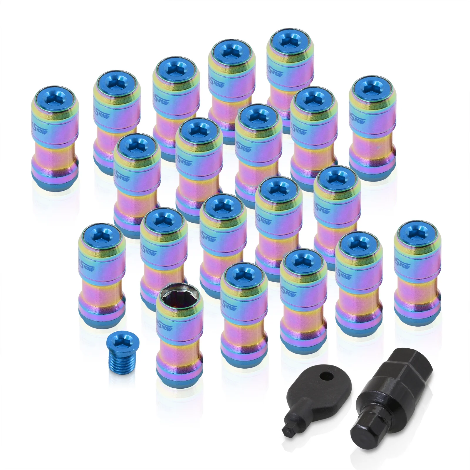 AJP Distributors Godsnow JDM Universal Open Ended Lug Nuts M12 X 1.25MM Thread Pitch Performance Aftermarket Tuner Wheel Rims 20-Piece Set + Locking Key Forged Steel Anodized Neo Chrome Body Blue Trim
