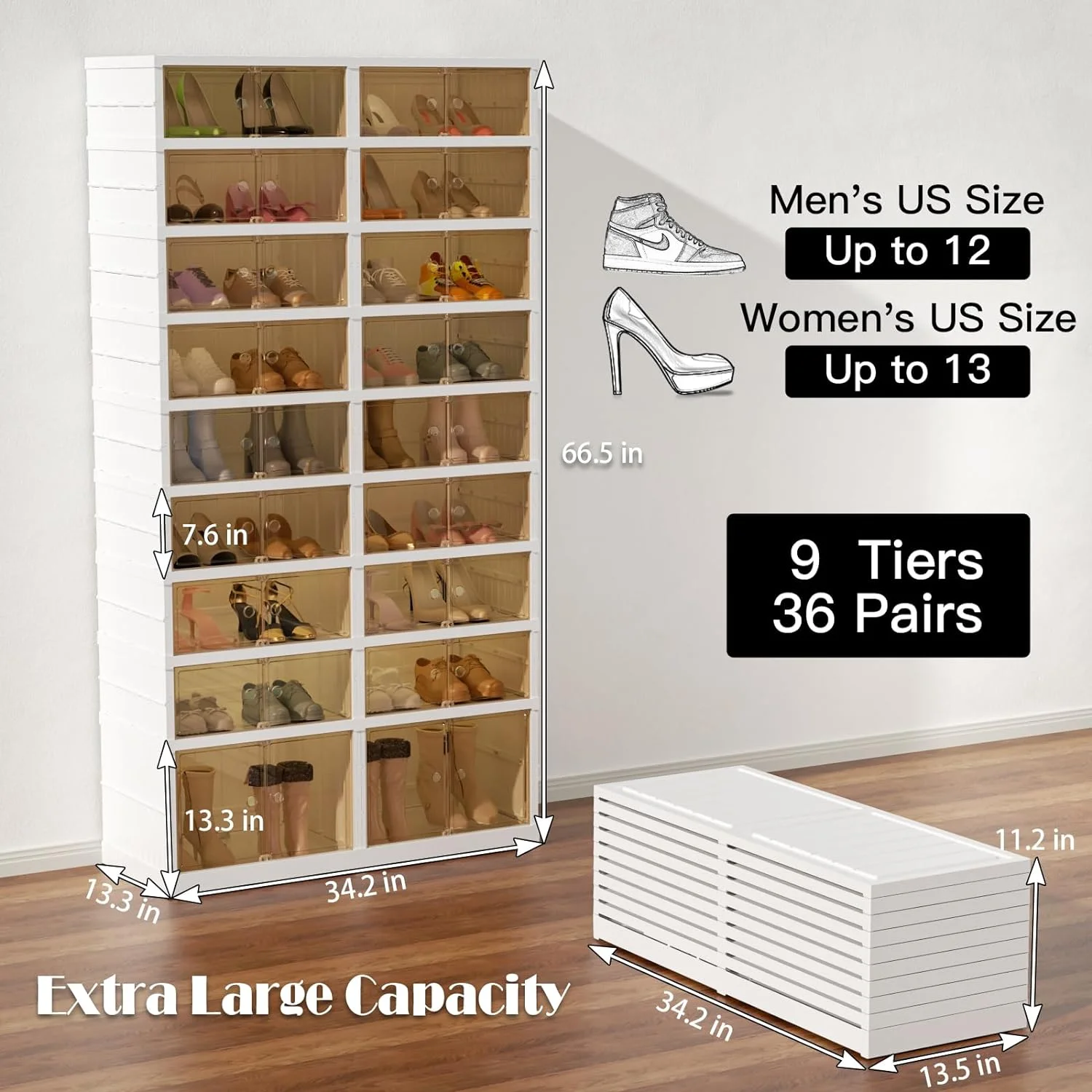 EAYSG 9-Tier Portable Shoe Rack Organizer for Closet, 36 Pairs Shoe Container Bins, Clear Plastic Collapsible Shoes Storage Box, Stackable Sneaker Storage Shoe Cabinet with Door