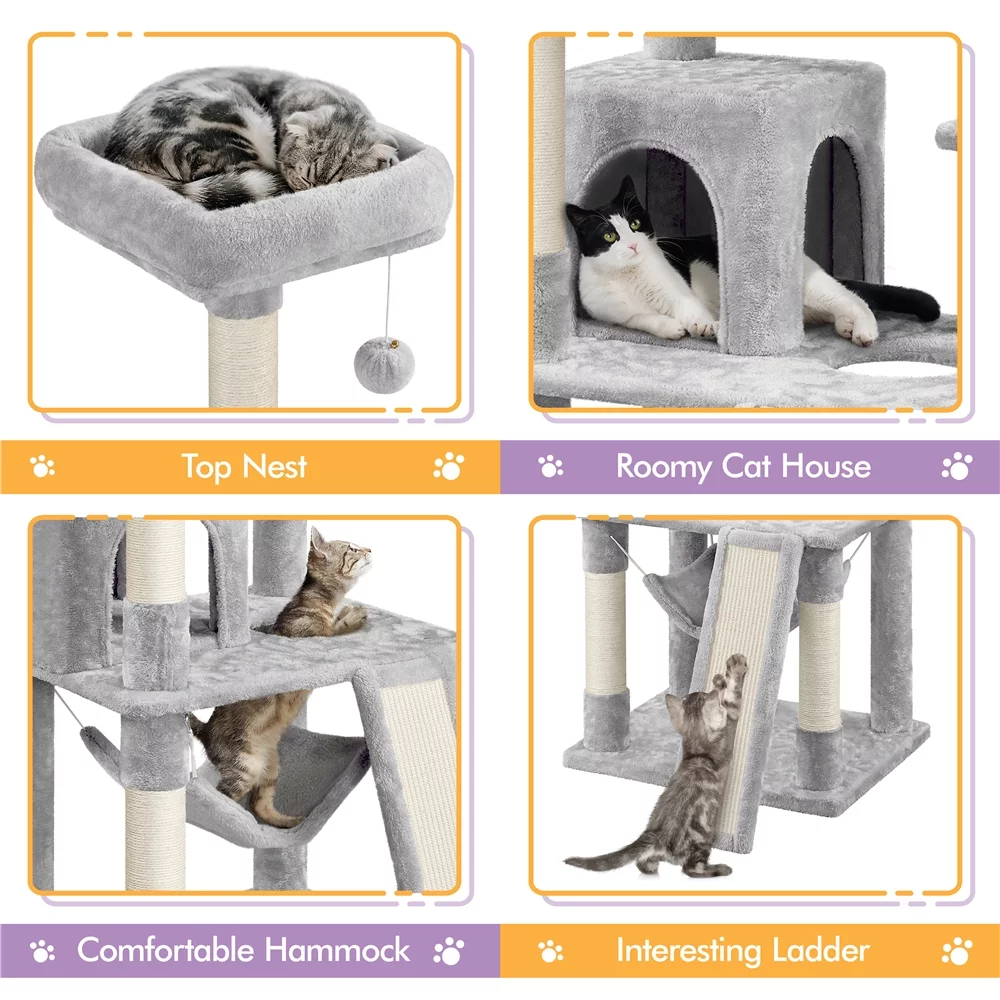 Topeakmart 60.5-in Multilevel Cat Tree Condo Scratching Posts with Hammock Top Perch, Light Gray