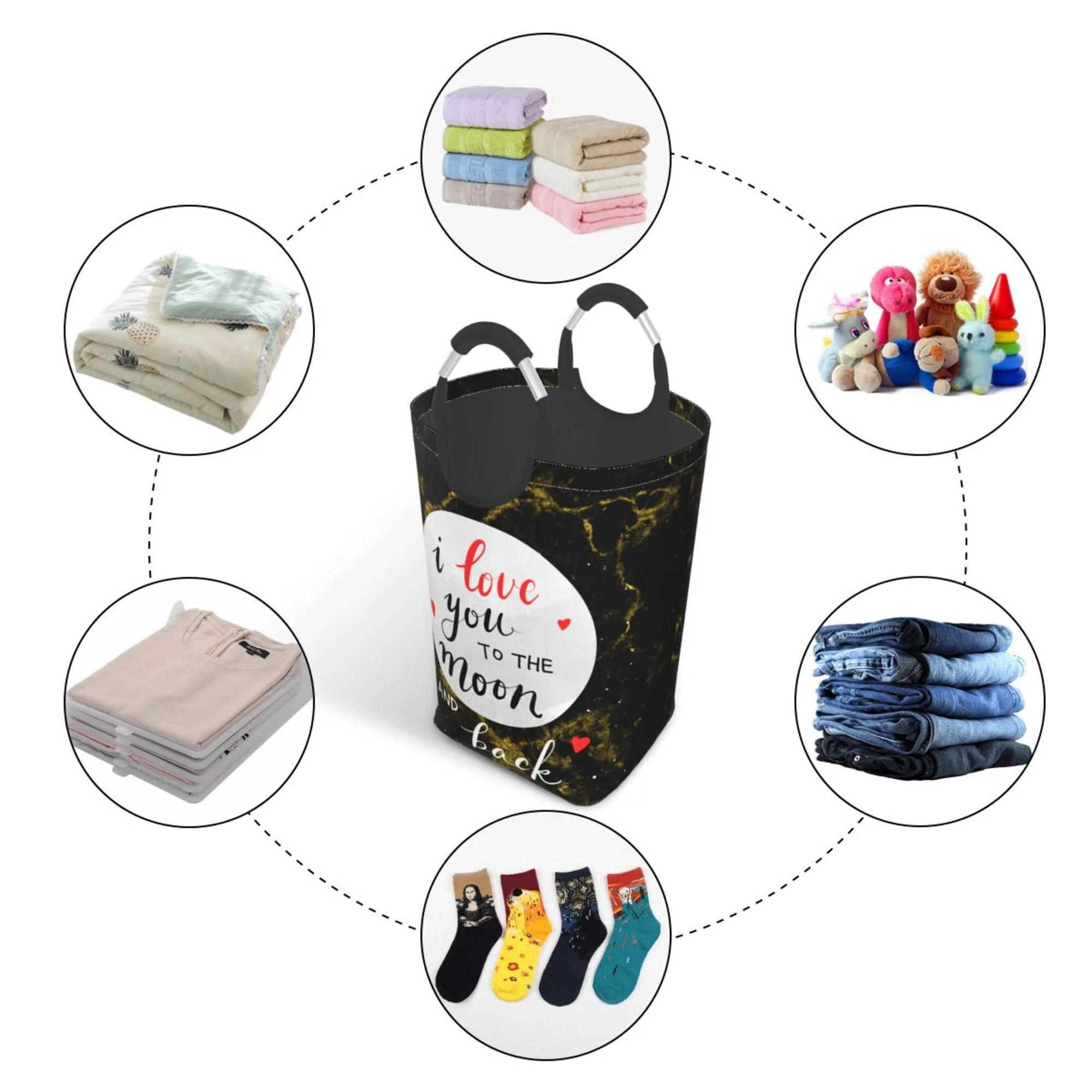 TEQUAN 50L Large Rectangular Laundry Hamper with Aluminum Handles, I Love You Text Prints Waterproof Foldable Dirty Clothes Basket