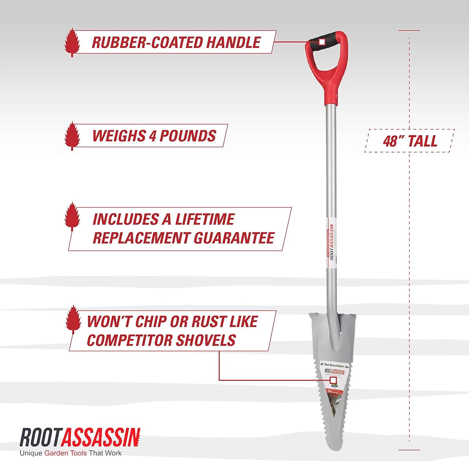 ROOT ASSASSIN RA-001 Carbon Steel Shovel, 48-Inch, Red
