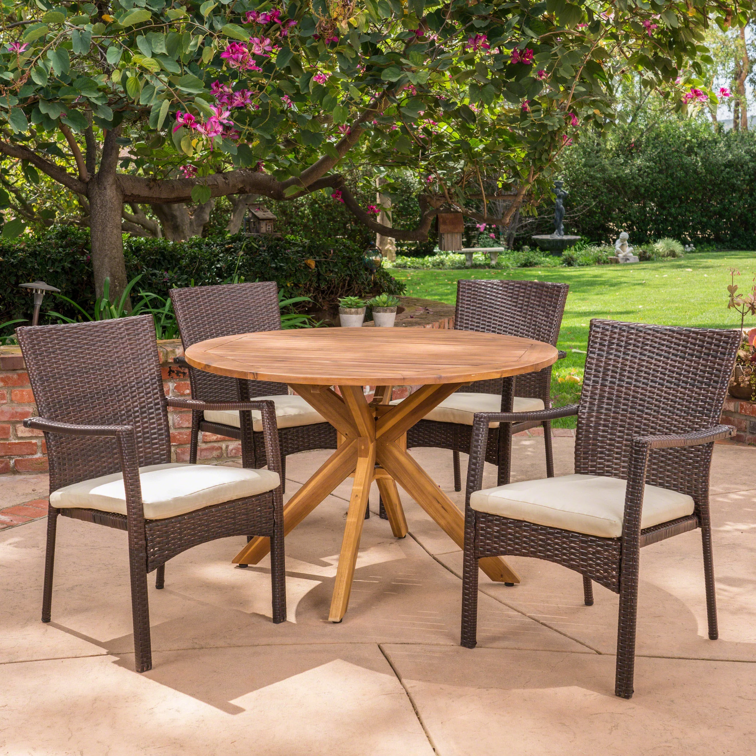 Anthony Outdoor 5 Piece Wicker Dining Set with Acacia Wood Circular Table and Cushions, Teak, Brown, Crème