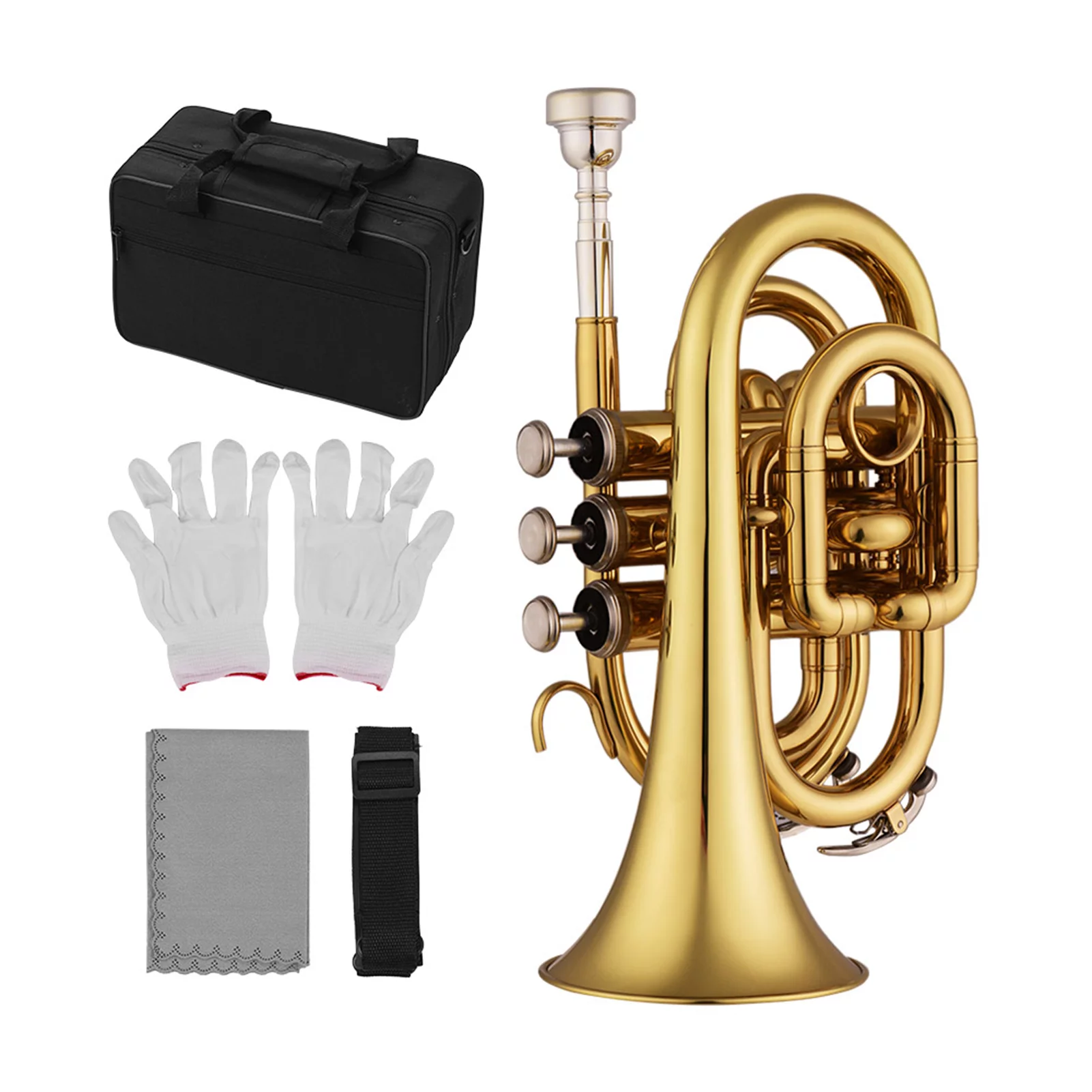 Tomshoo Trumpet Bb Flat Brass Pocket Wind Instrument with Mouthpiece Gloves Cleaning Cloth Carrying Case