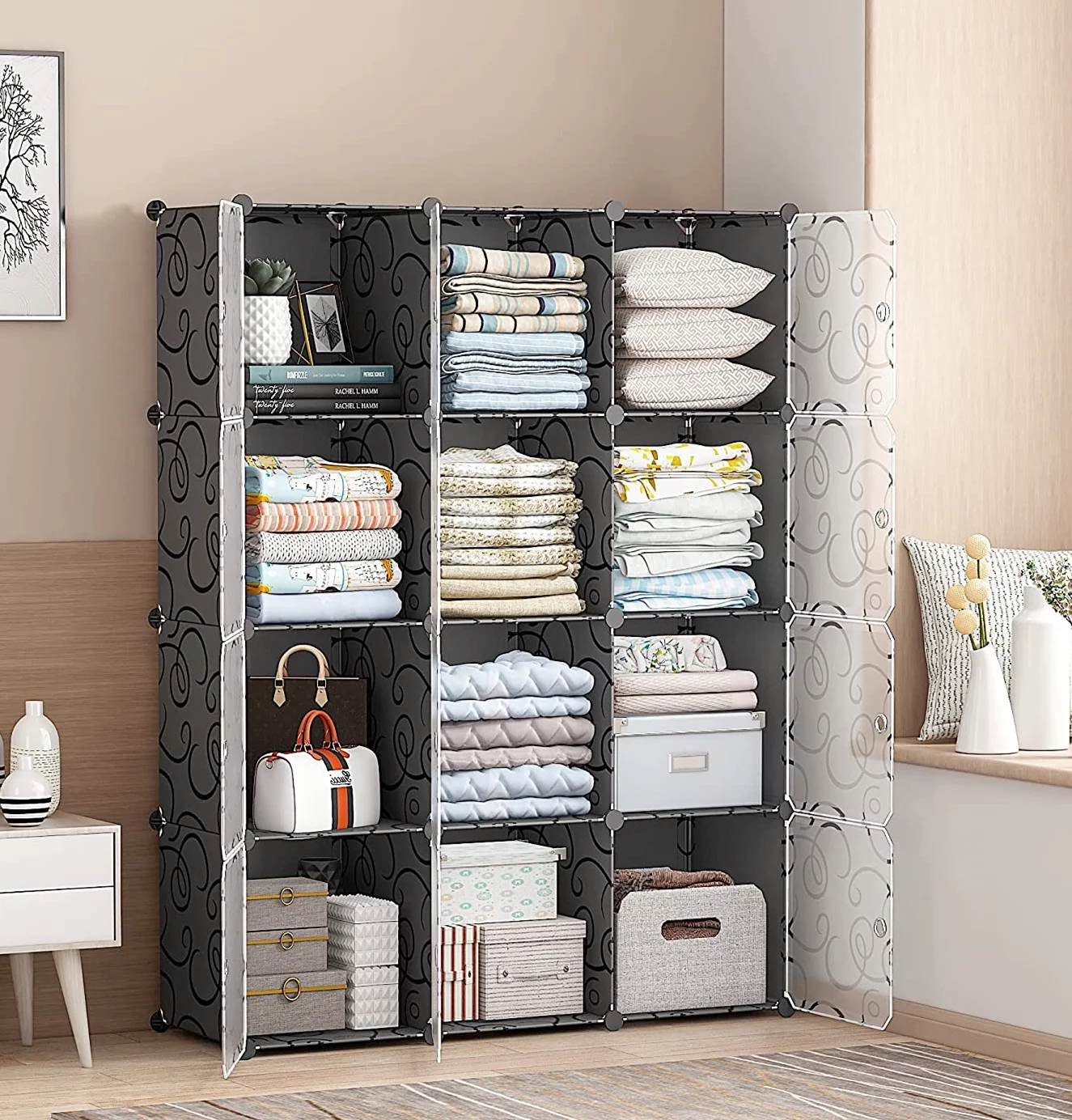 UBesGoo 12-Cube Shelves, Plastic Portable Closet Cubes Cabinet Wardrobe w/ Doors, Black