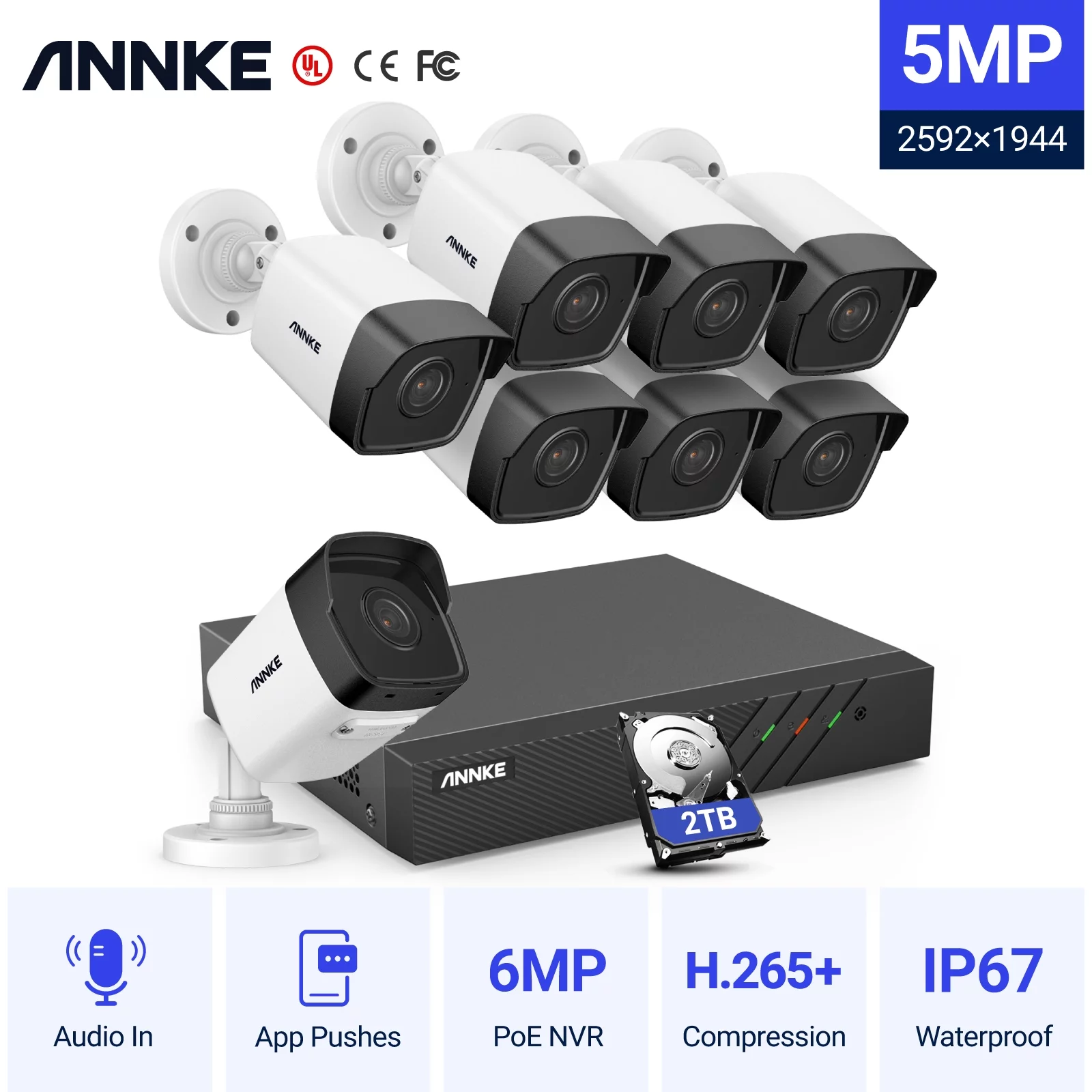 ANNKE 5MP H.265+ Super HD Poe Network Video Security System 8pcs Waterproof Outdoor POE IP Cameras Plug & Play PoE Camera Kit With 2T Hard Drive
