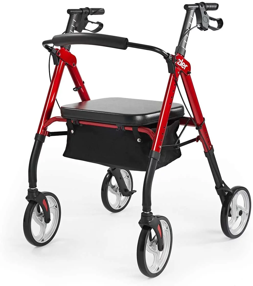 Zler Heavy Duty Rollator Walker 400 lbs, Bariatric Rollator Walker with Extra Wide Padded Seat for Seniors, Folding Rolling Walkers with 10 Inches Lager Wheels, Red