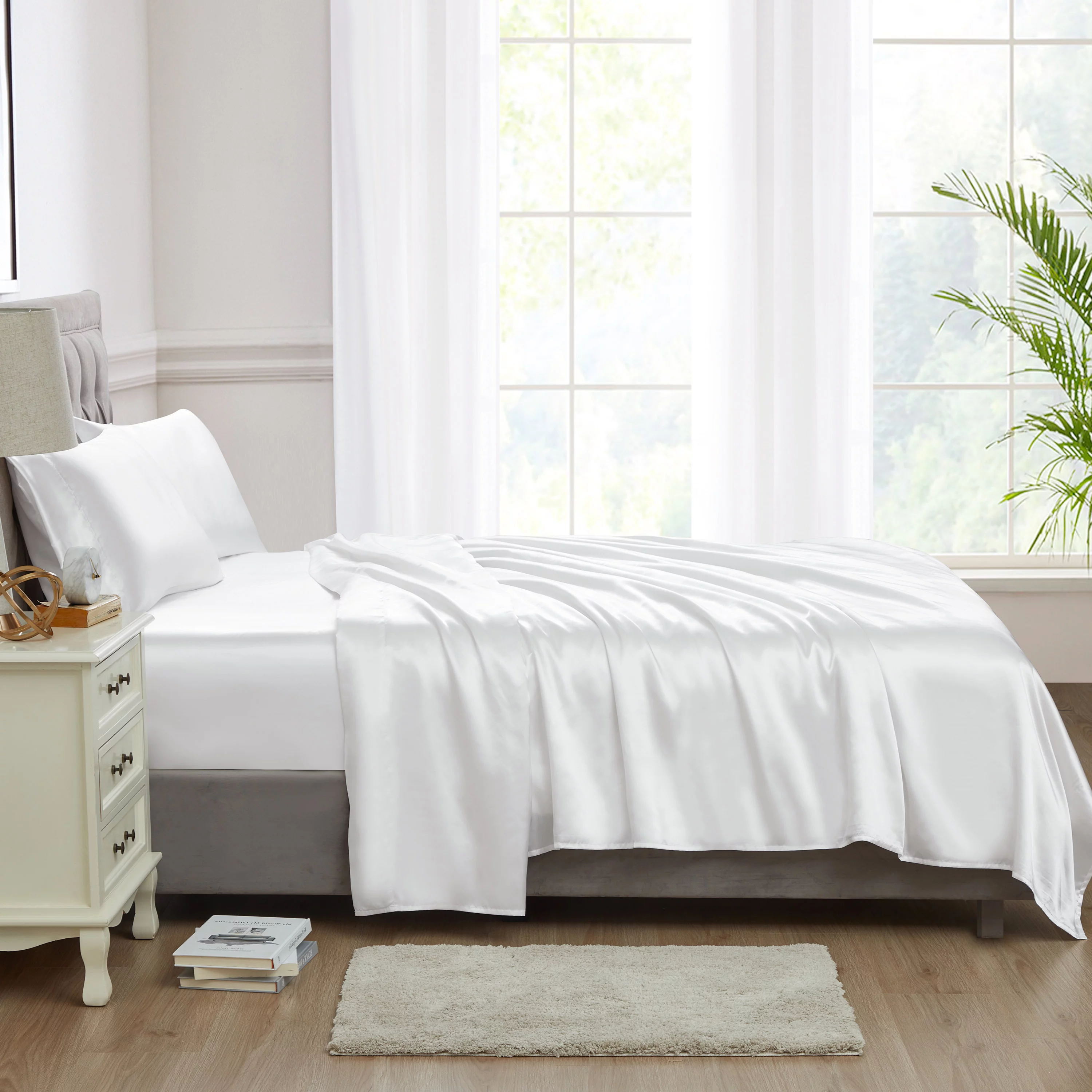 Sweet Home Collection 4-Piece Microfiber Satin Sheet Set - Queen, White