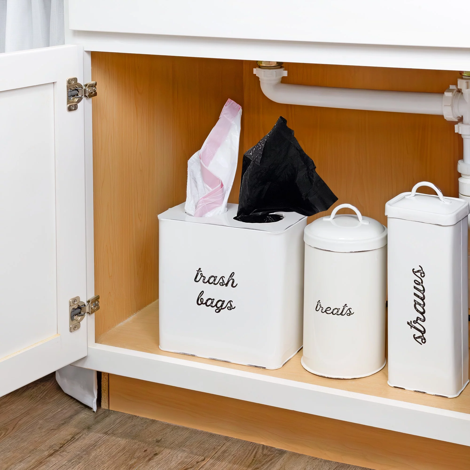 AuldHome Farmhouse Trash Bag Holder (White); Rustic Enamelware Garbage Bag Dispenser