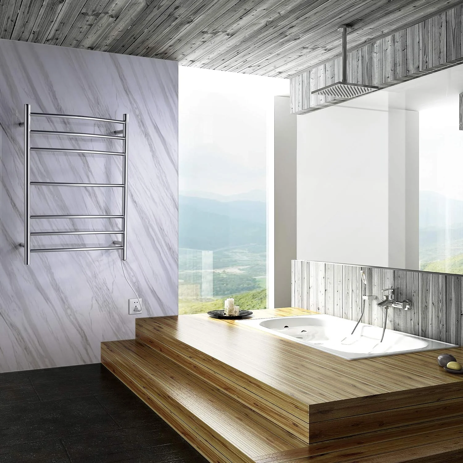 Gown 7-Bar Wall Mounted Towel Warmer In Polished Chrome | Energy Efficient 70W Electric Plug In Heated Towel Rack For Bathroom | Stainless Steel Towel Heater Rail Quick Towel Dryer | TW-AZ027CH