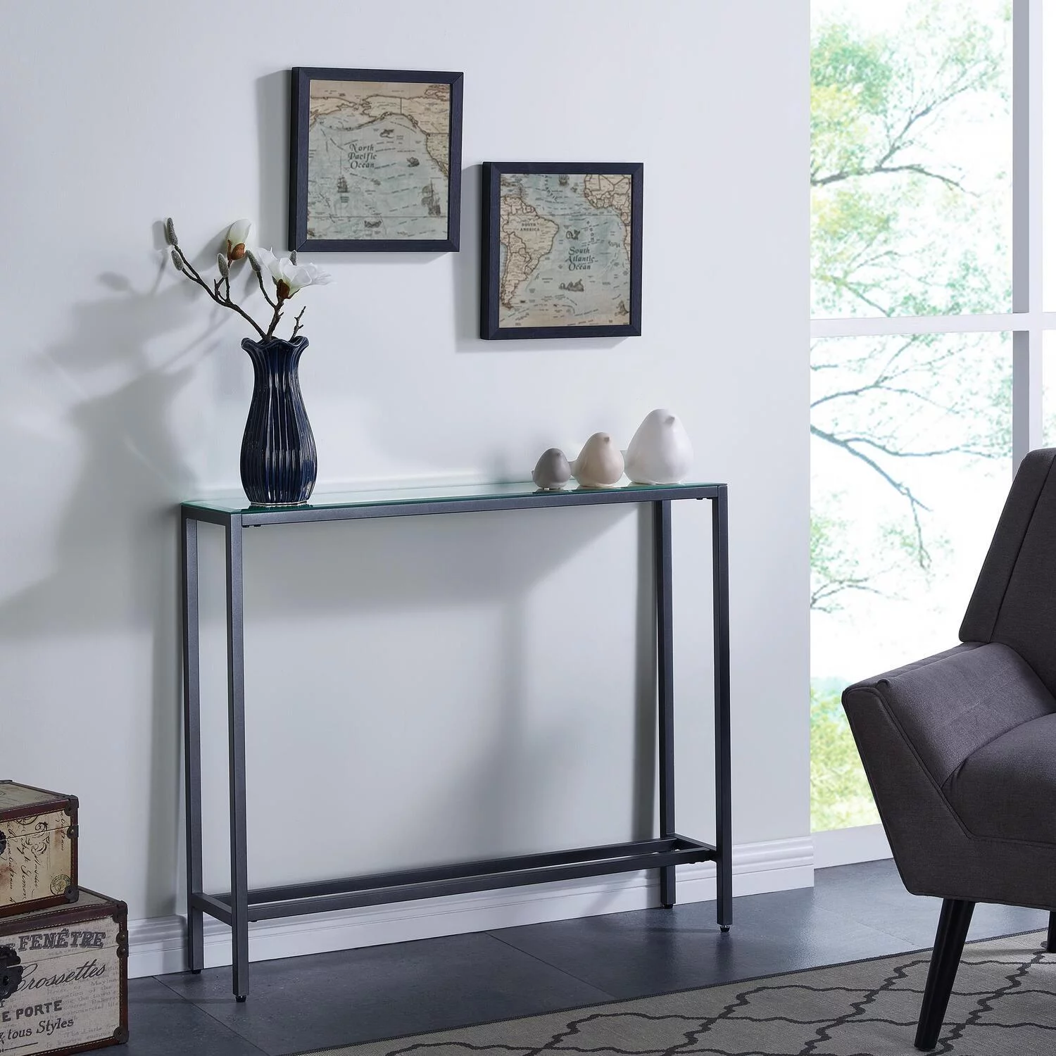 SEI Engra Narrow Mini Console Table w/ Mirrored Top  Gunmetal Gray