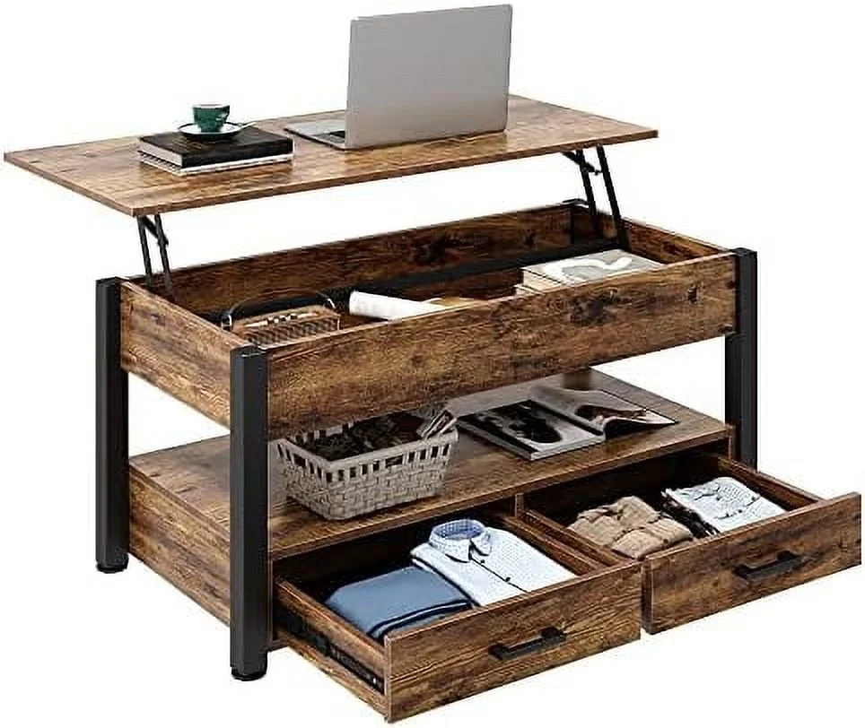 xrboomlife Lift Top Coffee Table  Coffee Table with  Drawers and Adjustable Metal Legs  Vintage Wood Living Room Tables with Hidden Compartment and Open   Brown