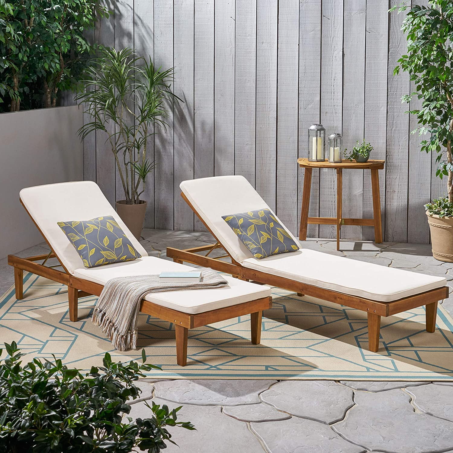 Christopher Knight Home 310751 Madge Oudoor Chaise Lounge with Cushion Set of 2, Teak Finish, Cream