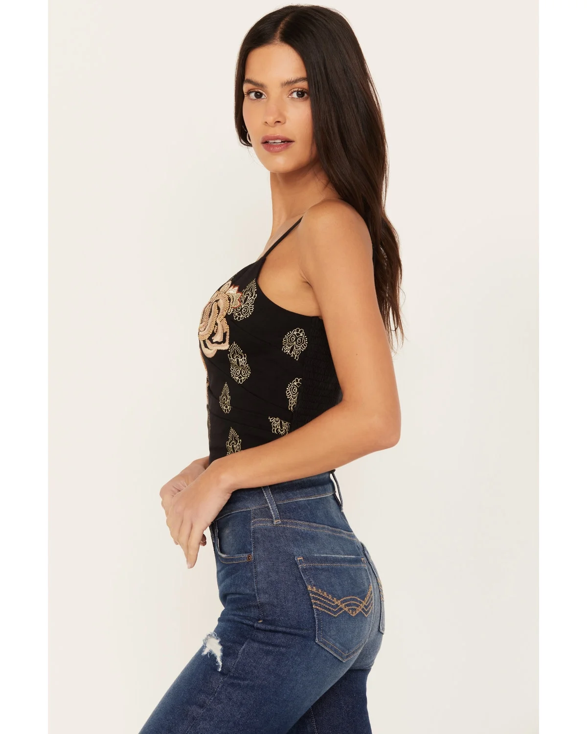 Idyllwind Women's Jessamine Embroidered Smocked Back Crop Top Black Small  US