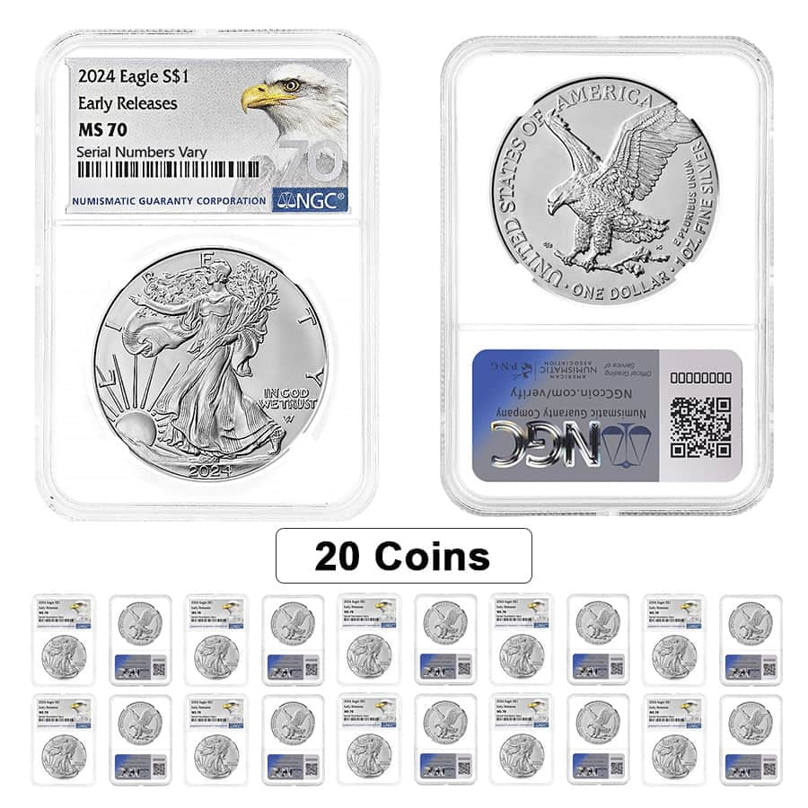 Lot of 20 - 2024 1 oz Silver American Eagle NGC MS 70 ER Eagle