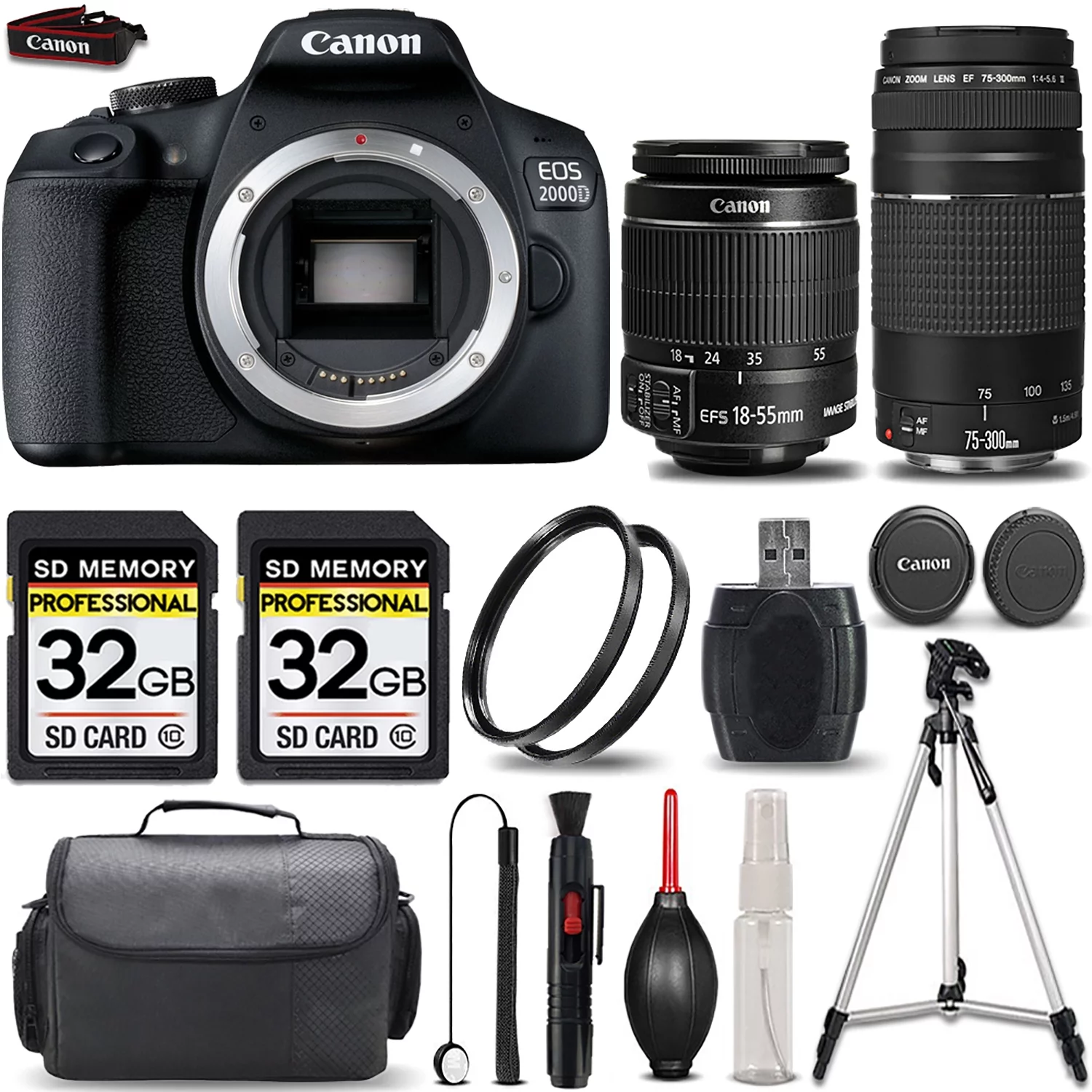Canon EOS 2000D (Rebel T7) DSLR Camera + Canon EF-S 18-55mm IS STM Lens + Canon EF 75-300mm f/4-5.6 III Lens + 64GB Storage + 2X UV Filter - All Original Accessories Included - International Version
