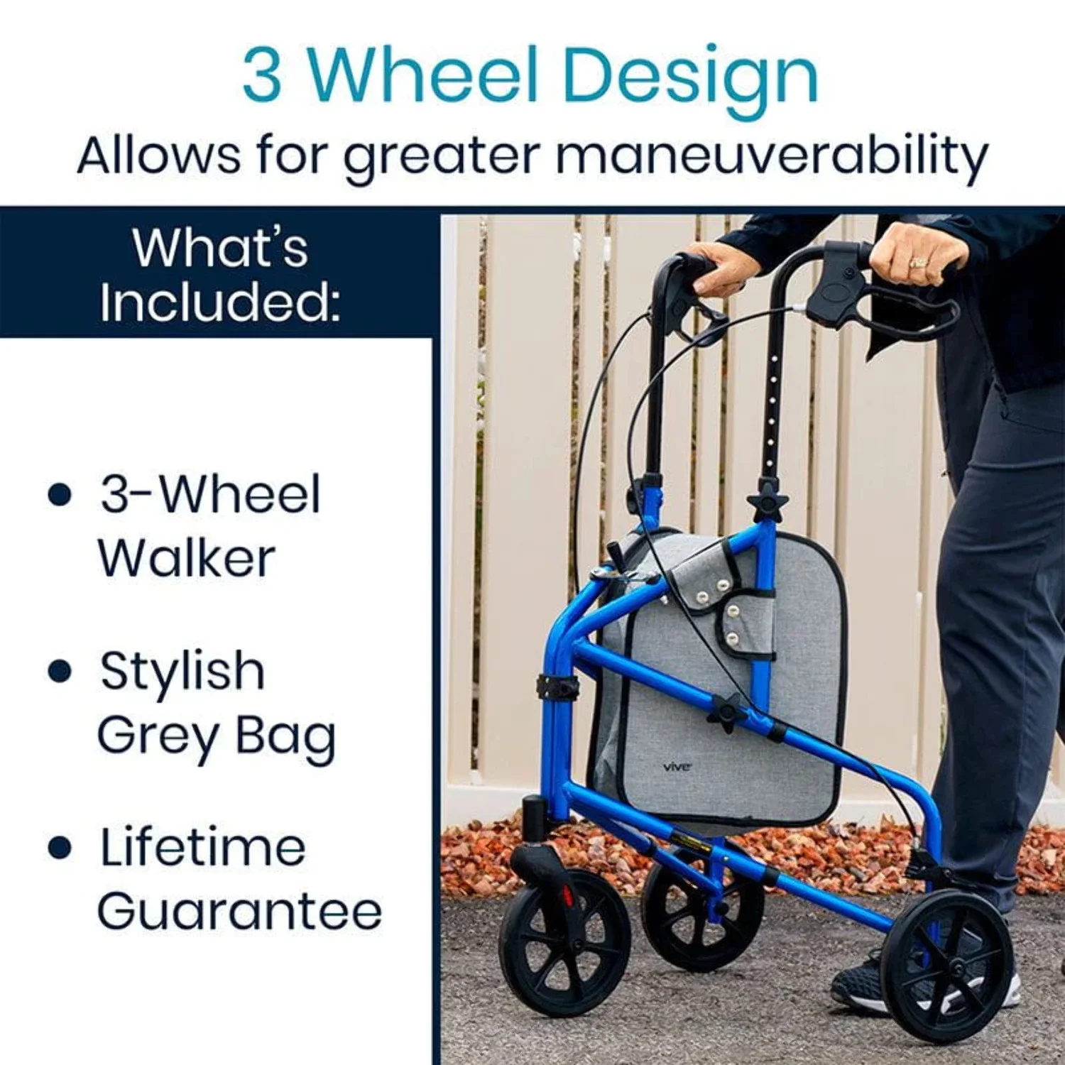 Vive 3 Wheel Walker Rollator for Senioirs - Lightweight Foldable Walking Transport, Weight Capacity 250lbs, Black