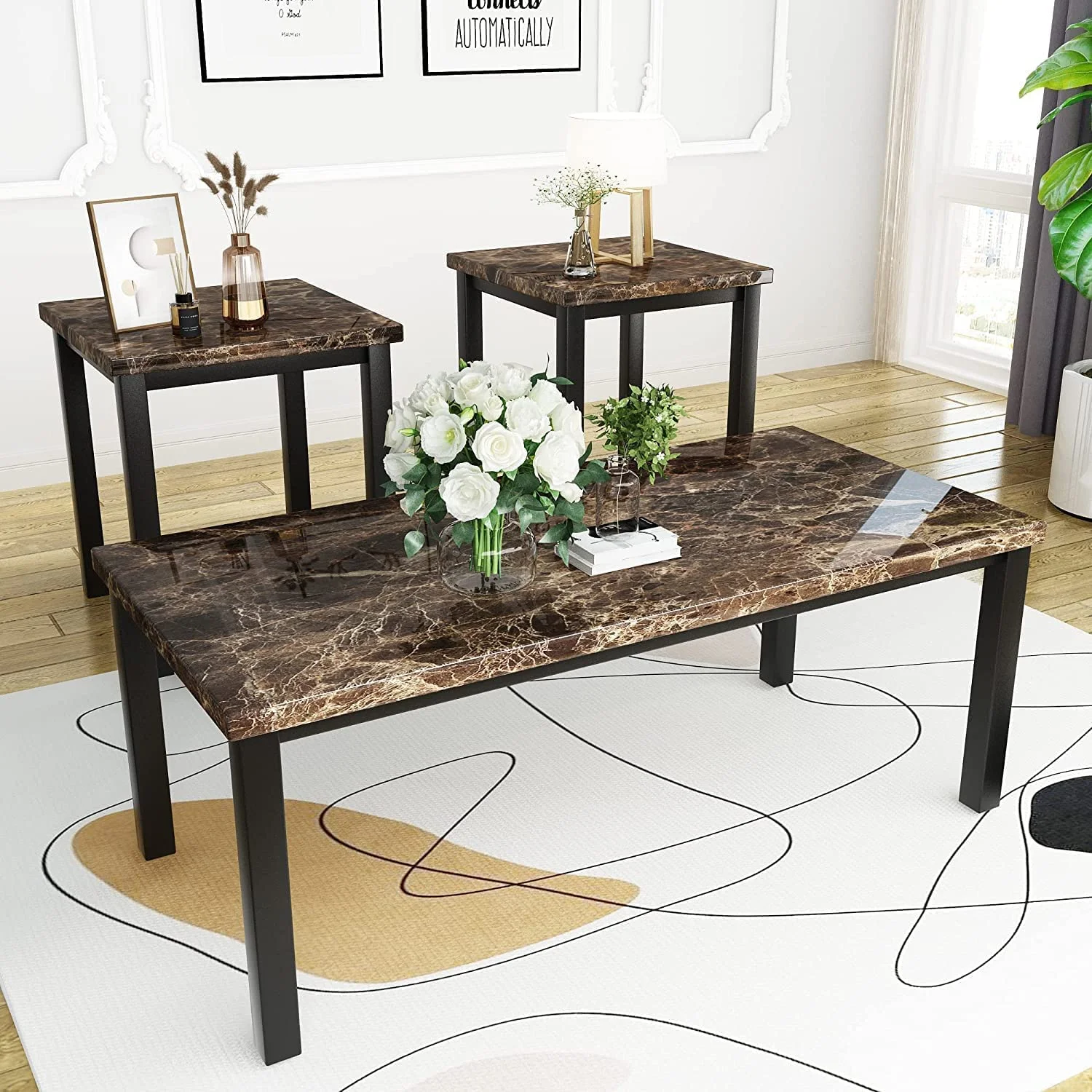 3 Piece Coffee, Living Room 3PCS Set with Faux Marble Tabletop, Includes CoffeeTable and 2 End Tables, 42.1