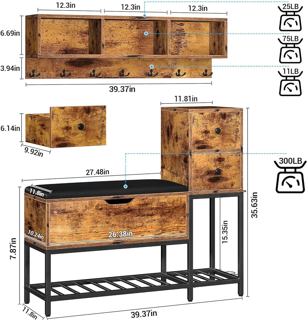 CHNBVC 39" Coat Rack Shoe Bench Set with Flip Top Box and 2 Drawers  Entryway Bench with Shoe  7 in 1 Entryway Bench with Coat Rack   Bench with 7 Coat Hooks& 2 Umbrella-Wood