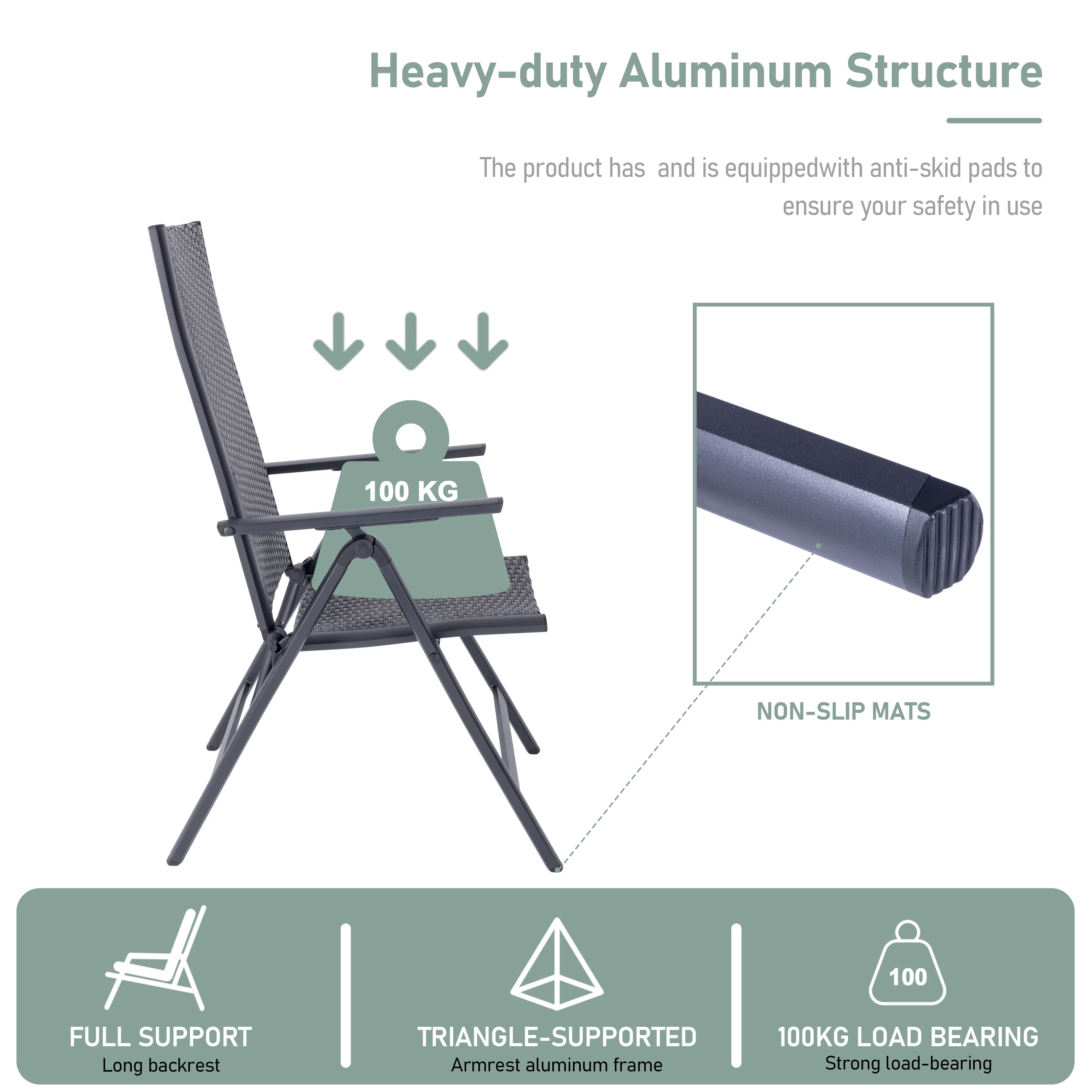 Patio Folding ChairSling Chairs Aluminum Frame Portable Dining Chair with Adjustable Backrest for Outdoor, Camping,Porch,Balcony, Set of 2 Gray