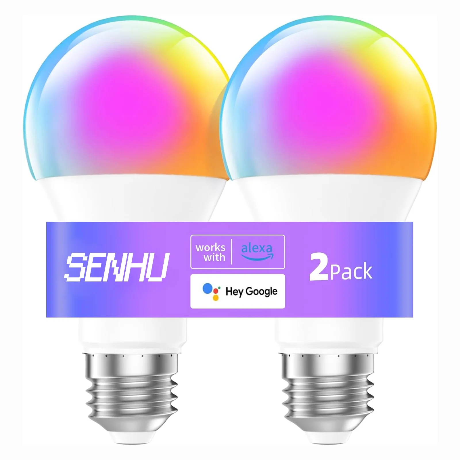 Senhu Smart Light Bulbs, RGB LED Bulb, Work with Alexa & Google Home, LED Light Bulbs Color Changing, Dynamic Preset Scenes, A19 E26 2.4Ghz RGBTW WiFi Light Bulbs Dimmable 10W, 800 Lumen, 2 Pack
