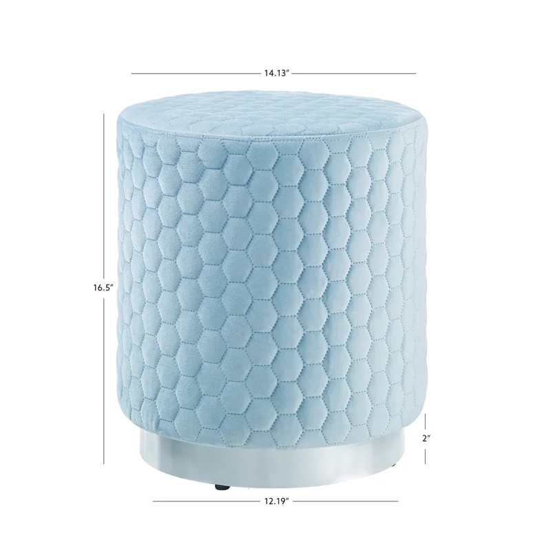 Linon Aiden Round Quilted Fabric Stool with Silver Metal Base in Blue