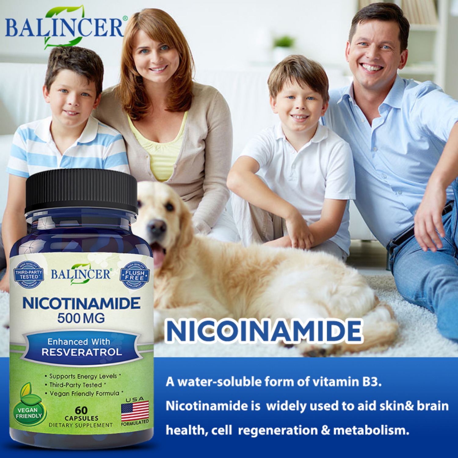 Balincer Niacinamide Vegan Capsules with Resveratrol - Vitamin B3 500 mg - Replenishes skin cell health and energy