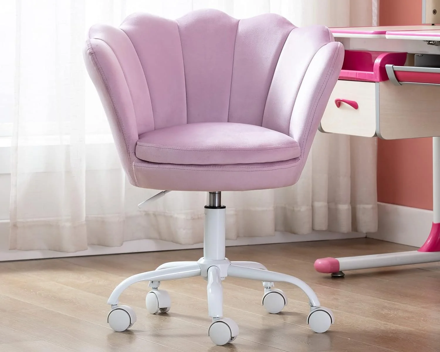 Cute Kids Desk Chair,Velvet Bedroom Chair Adjustable Child Computer Chair Swivel Shell Vanity Chairs for Girls Bedroom/Study Room, Light Purple