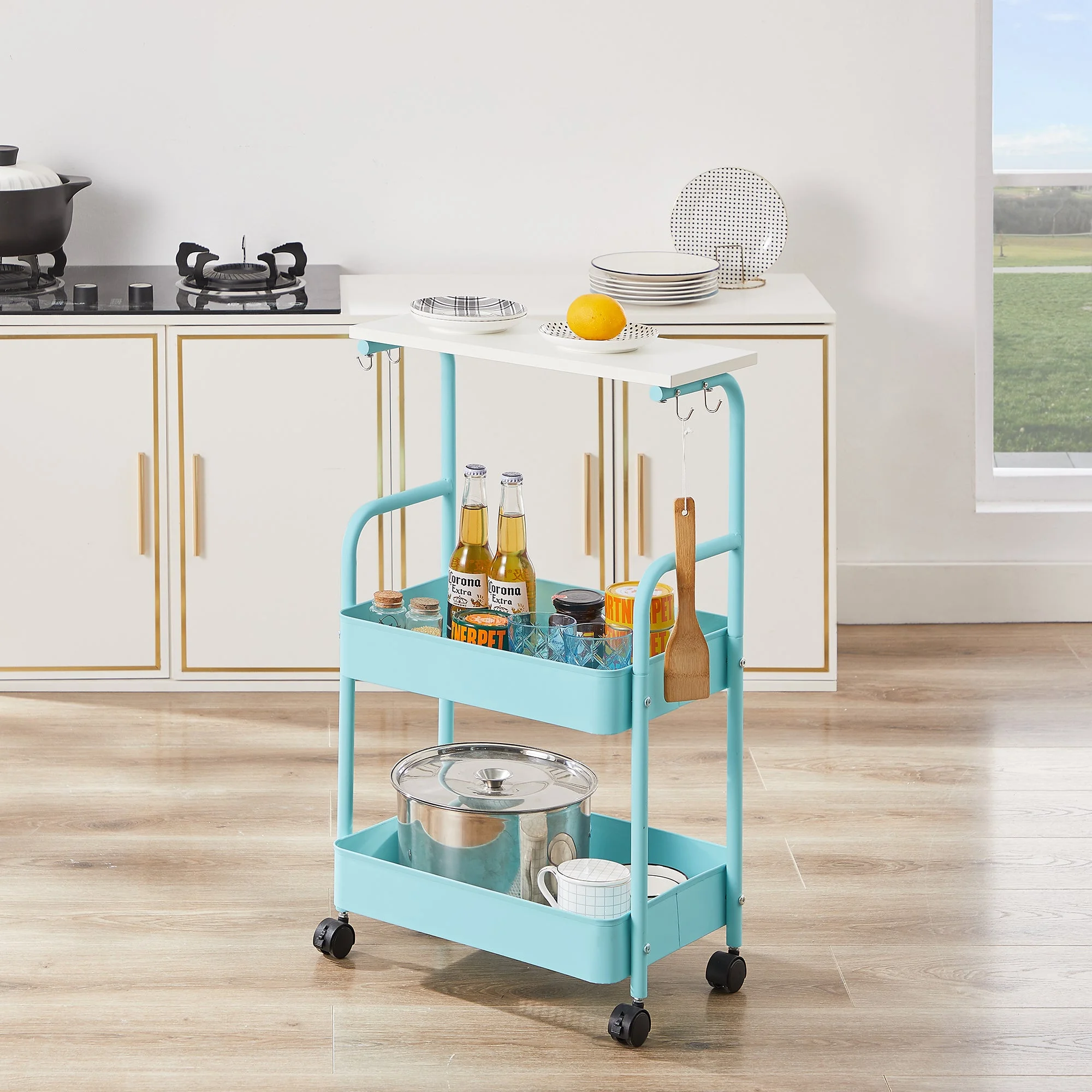 VECELO 3-Tier Rolling Storage Cart with Wooden Tabletop, Metal Utility Cart with Lockable Wheels & 4 Hooks for Kitchen Bathroom Bedside Office, Blue