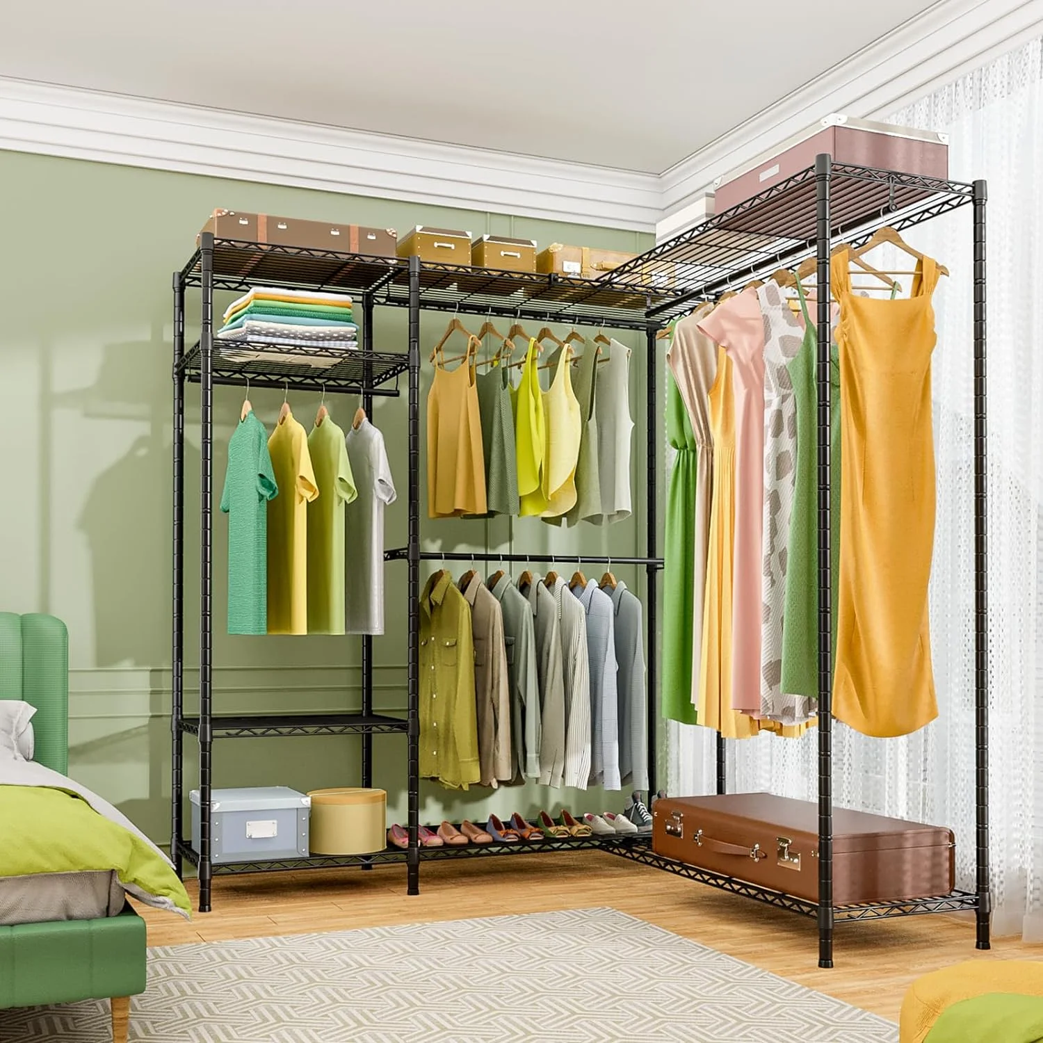 YGDU L2 L-shaped Clothes Rack, Freestanding Heavy-Duty Garment Rack with 6 Wire Shelves and 4 Hanger Rods, Portable Wardrobe Closet - 44