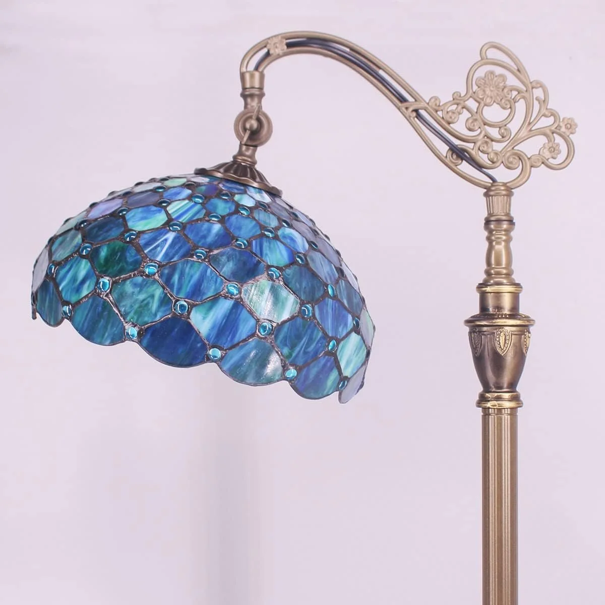 Tiffany Floor Lamp Stained Glass Lamp 18X12X67 Inch Angle Adjustable Arched Gooseneck Antique Reading Light (Sea Blue Pearl)